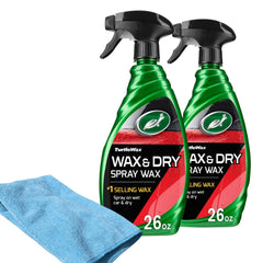 Turtle Wax envases frontales del pack mostrando dos botellas y paño microfibra, brillo rápido