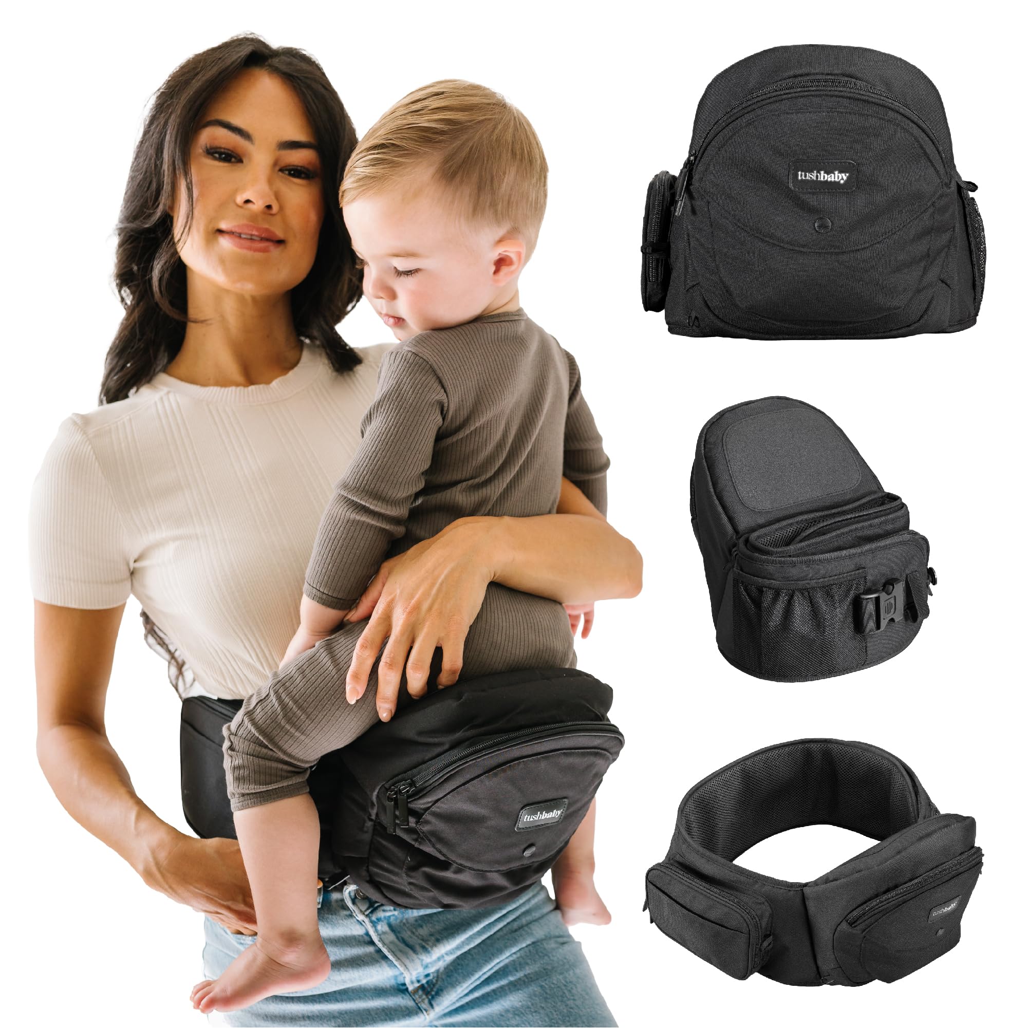 TushBaby vista frontal del portabebés con diseño negro y confort