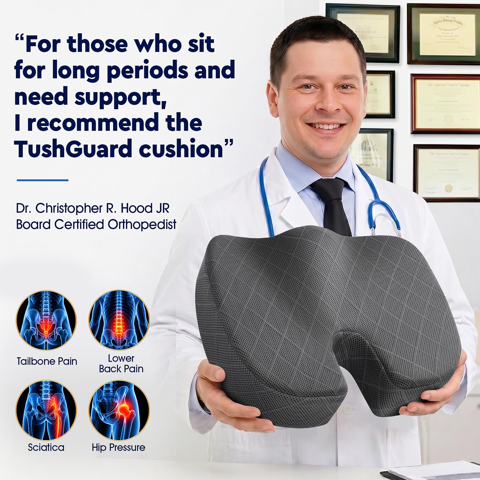 TushGuard colocado en silla de oficina para mejorar postura y comodidad