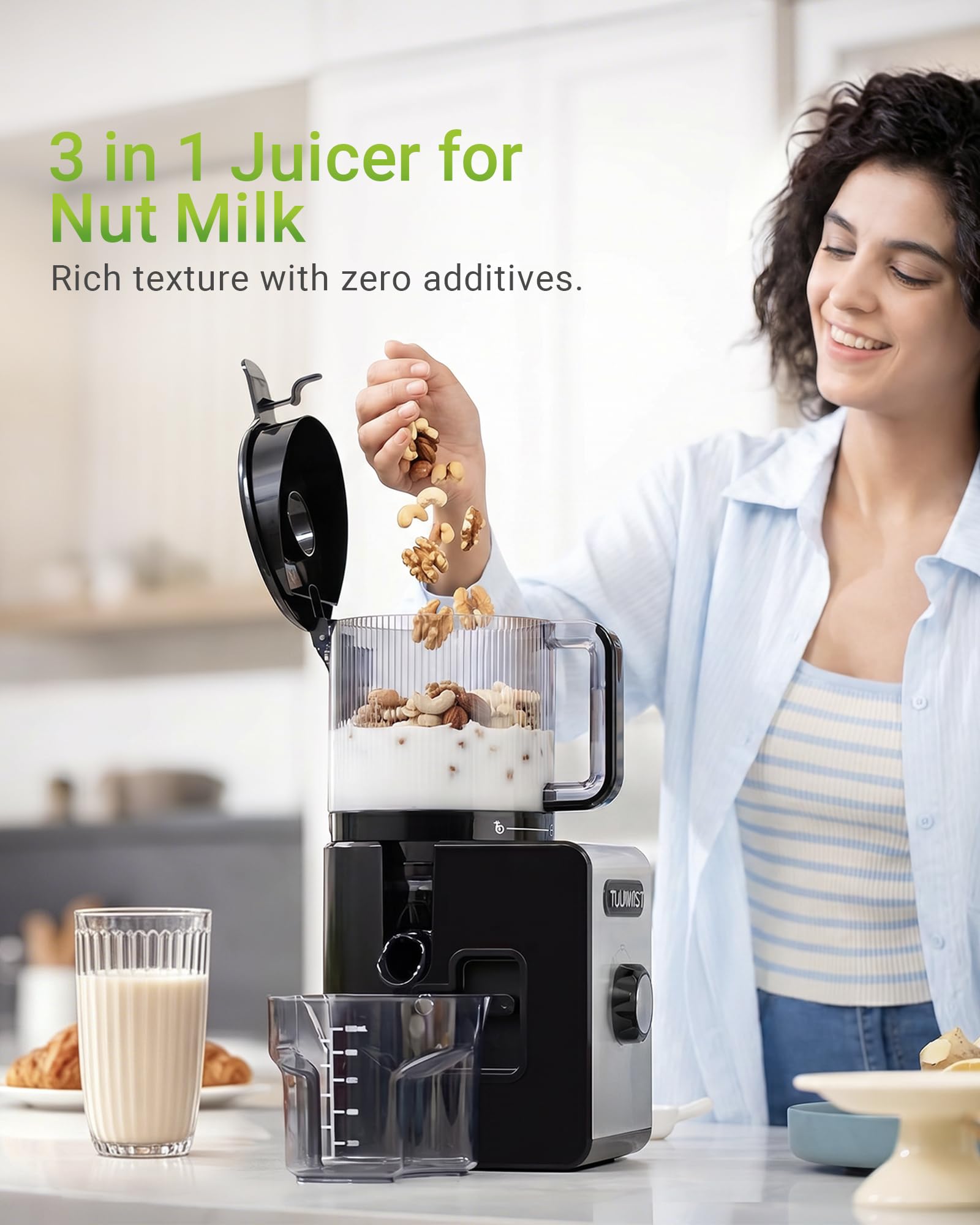 TUUMIIST estriador 3 en 1 mostrando versatilidad para jugo, leches y sorbetes