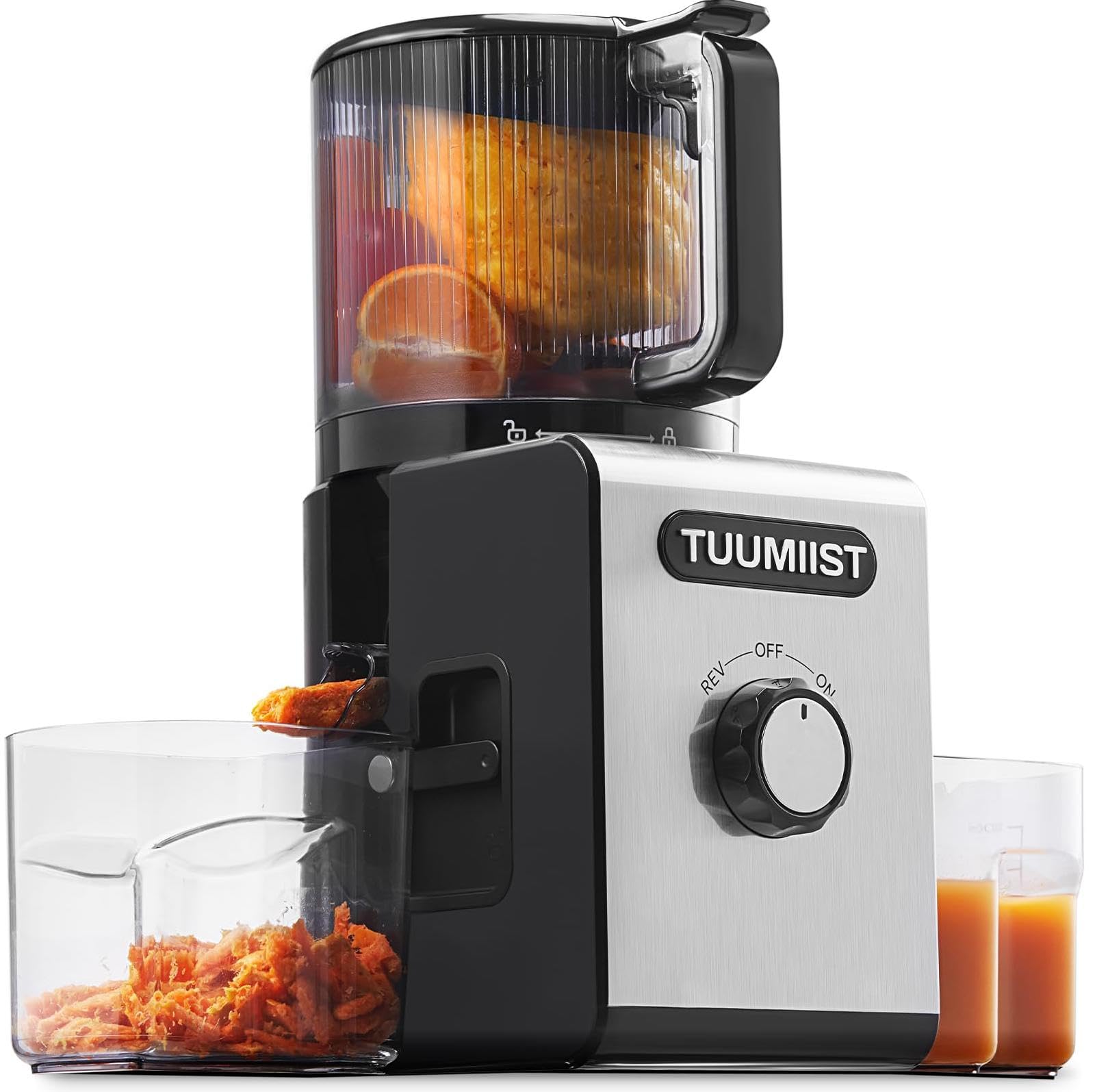 TUUMIIST vista frontal del exprimidor con diseño compacto y ahorro de espacio