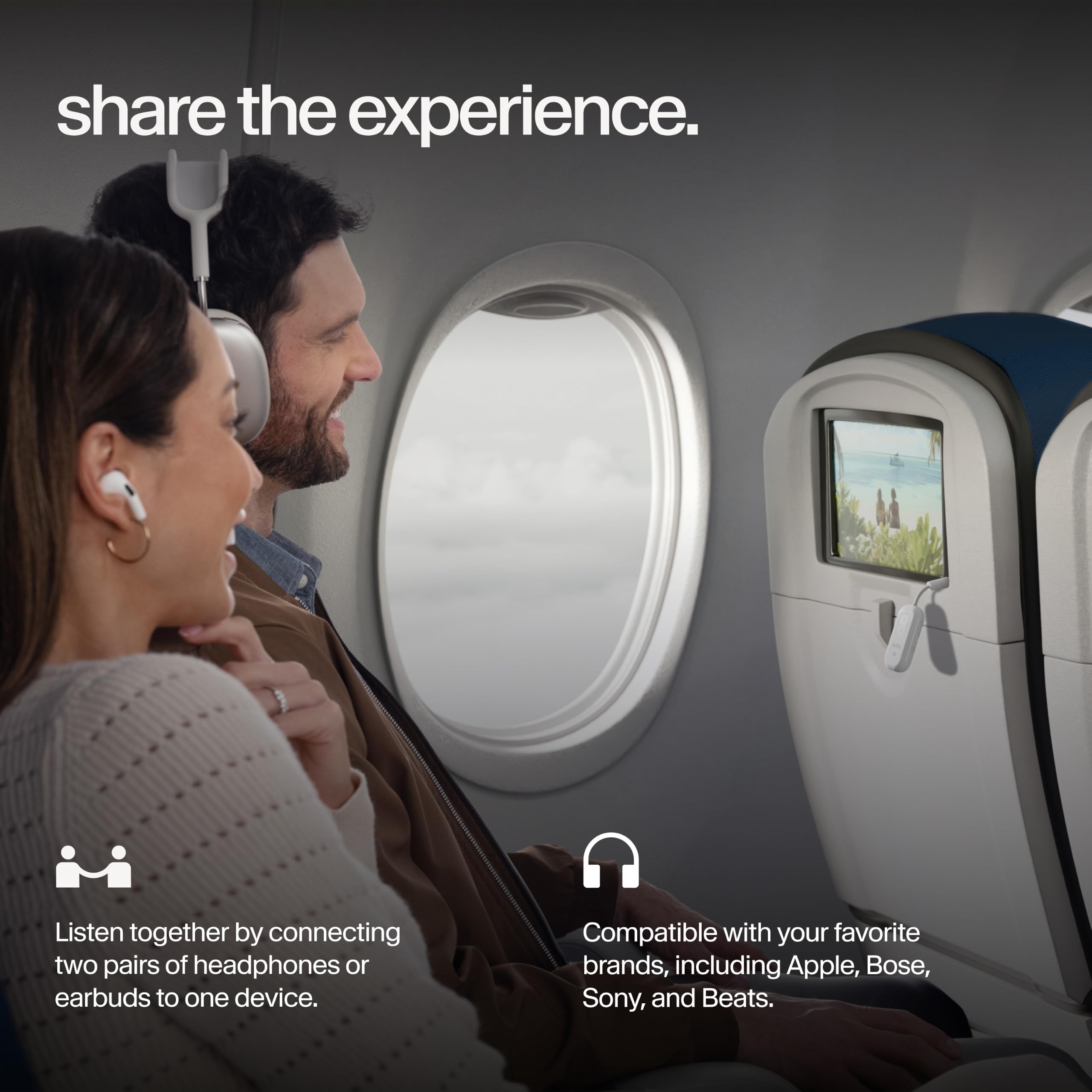 Twelve South AirFly Pro 2 conectado a pantalla de avión para entretenimiento sin cables