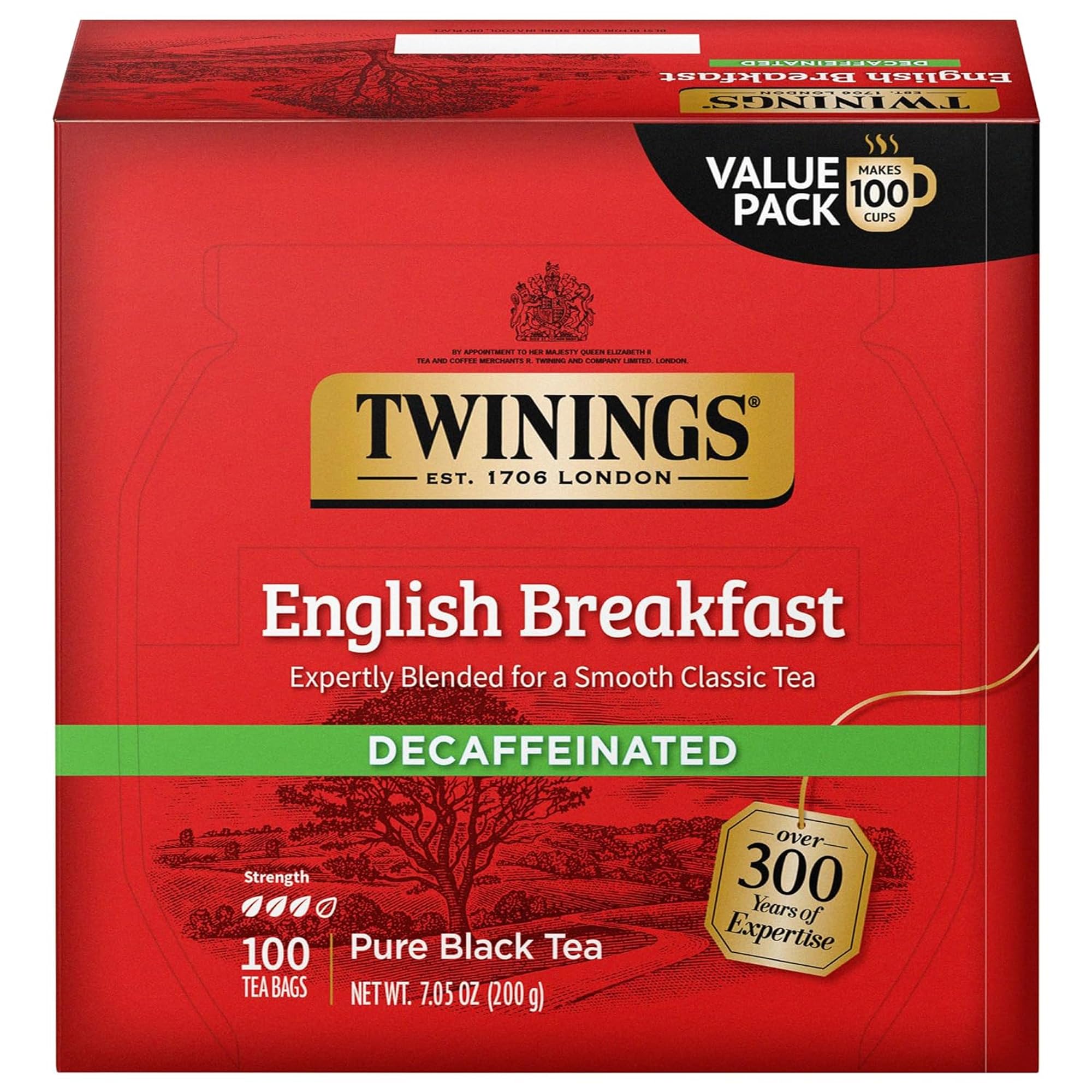 Twinings caja frontal del English Breakfast descafeinado mostrando 100 bolsitas y conveniencia