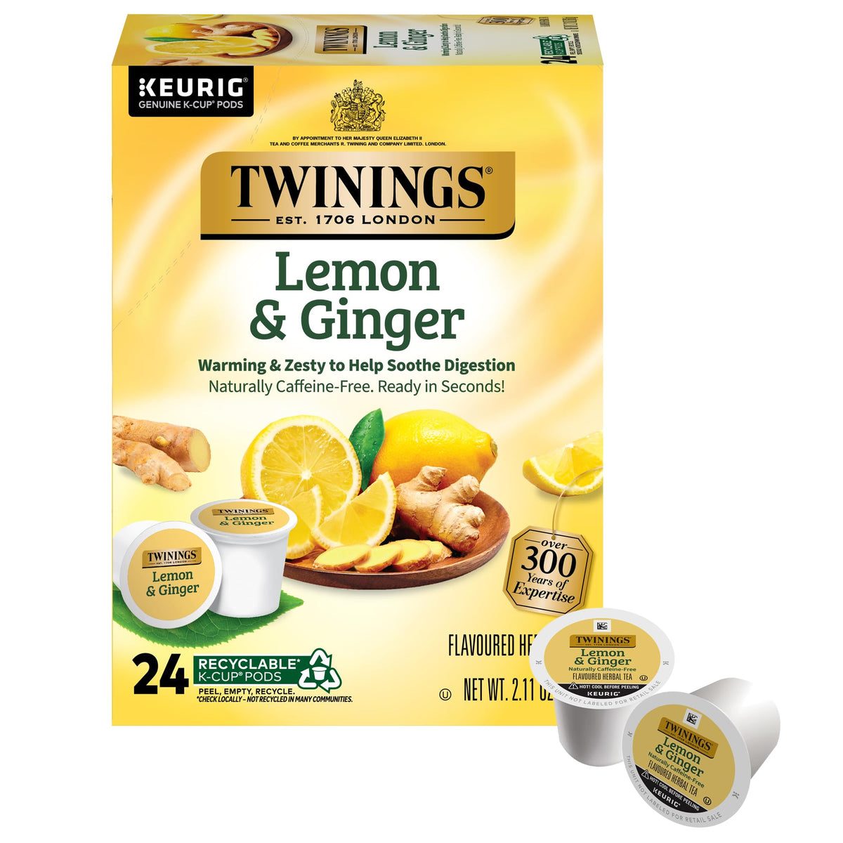 Twinings caja Lemon & Ginger K-Cup frontal mostrando 24 cápsulas y conveniencia
