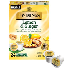Twinings caja Lemon & Ginger K-Cup frontal mostrando 24 cápsulas y conveniencia