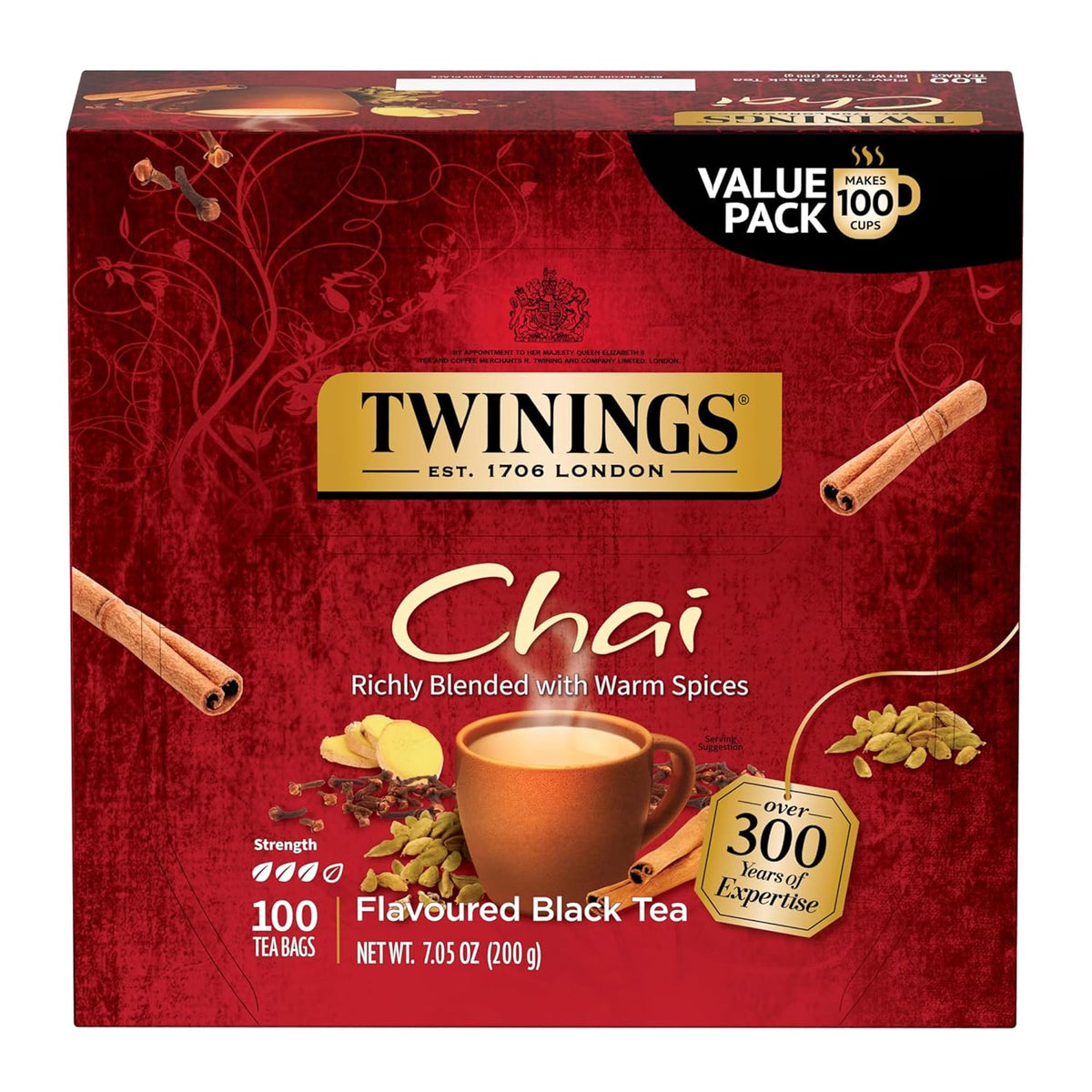 Twinings frente del empaque mostrando 100 bolsitas y ventaja de almacenamiento