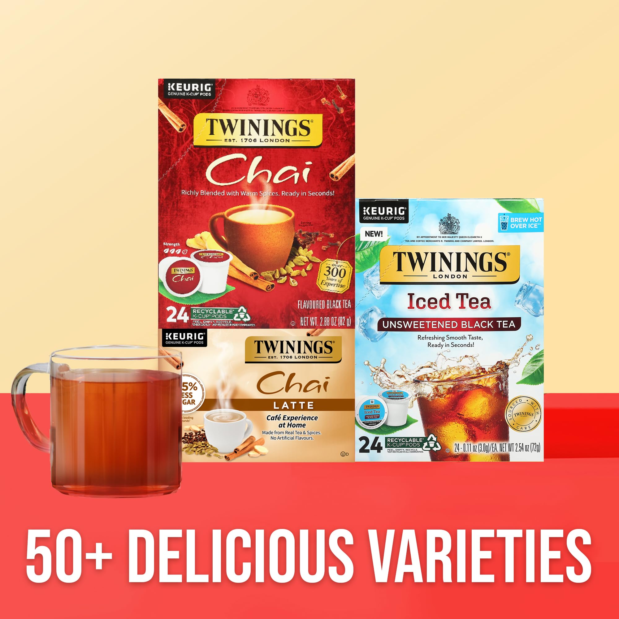Comparación de tamaño de cápsula Twinings junto a una taza para escala práctica