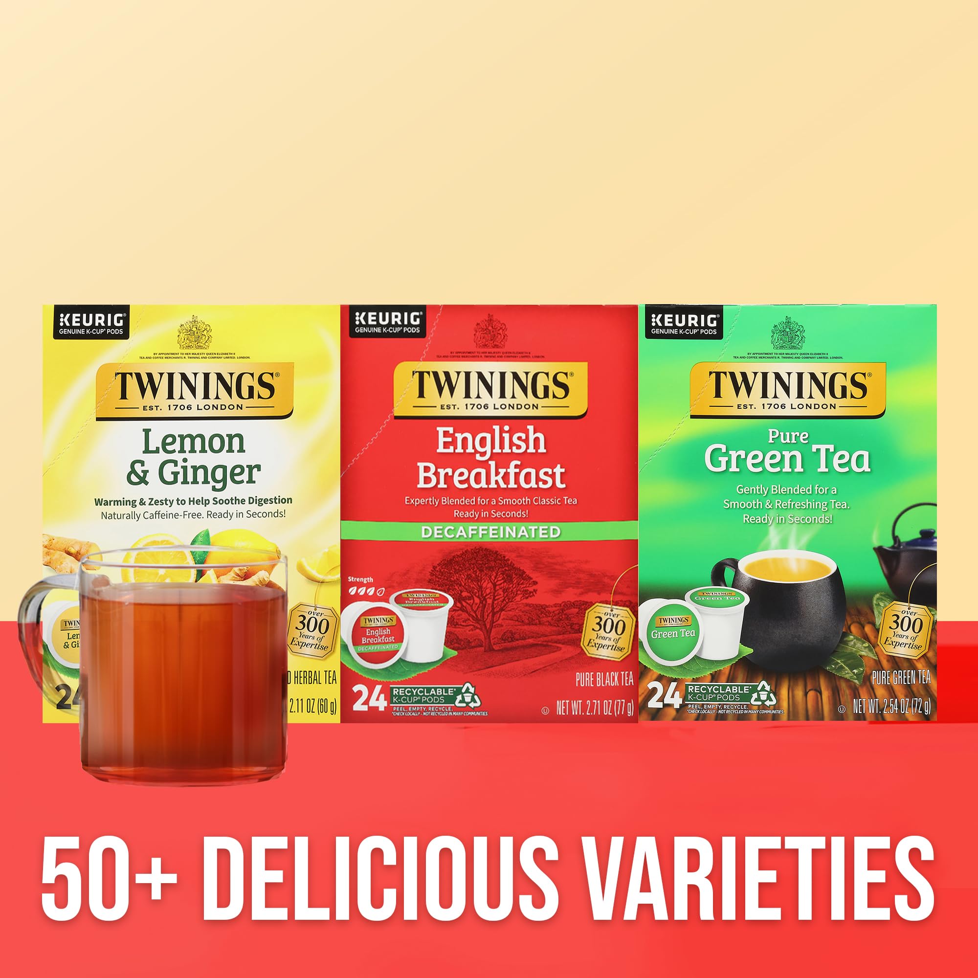 Caja Twinings junto a una regla para comparar tamaño y contenido