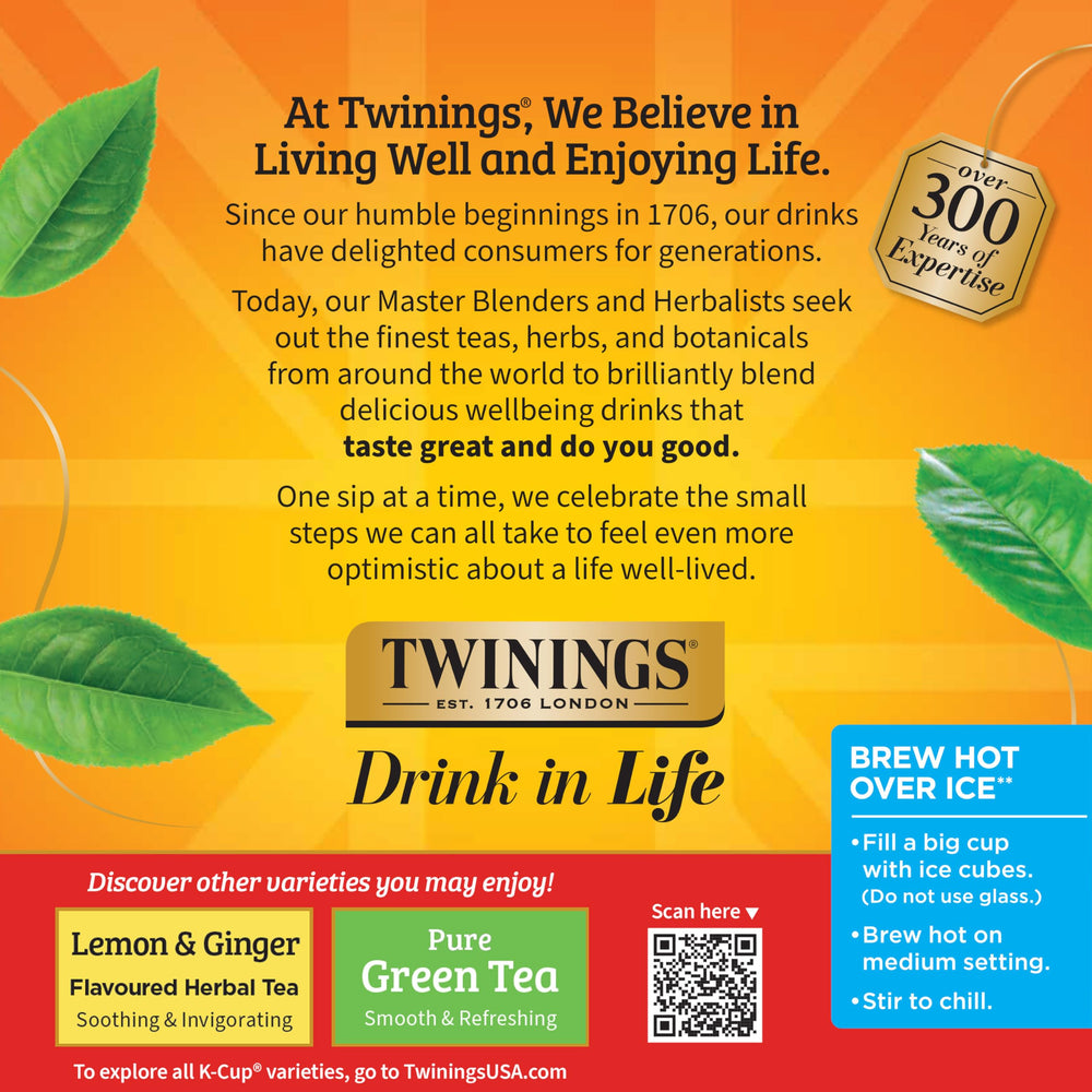 Taza preparada con Twinings en mano, disfrute inmediato y sin cafeína