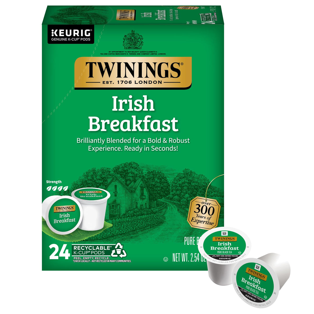 Twinings caja frontal mostrando 24 K-Cups y comodidad de preparación
