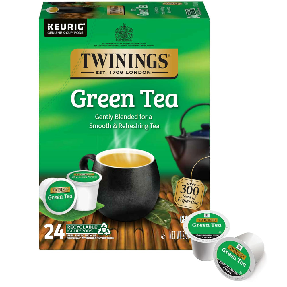 Twinings paquete frontal de 24 cápsulas K-Cup mostrando marca y cantidad, conveniencia inmediata