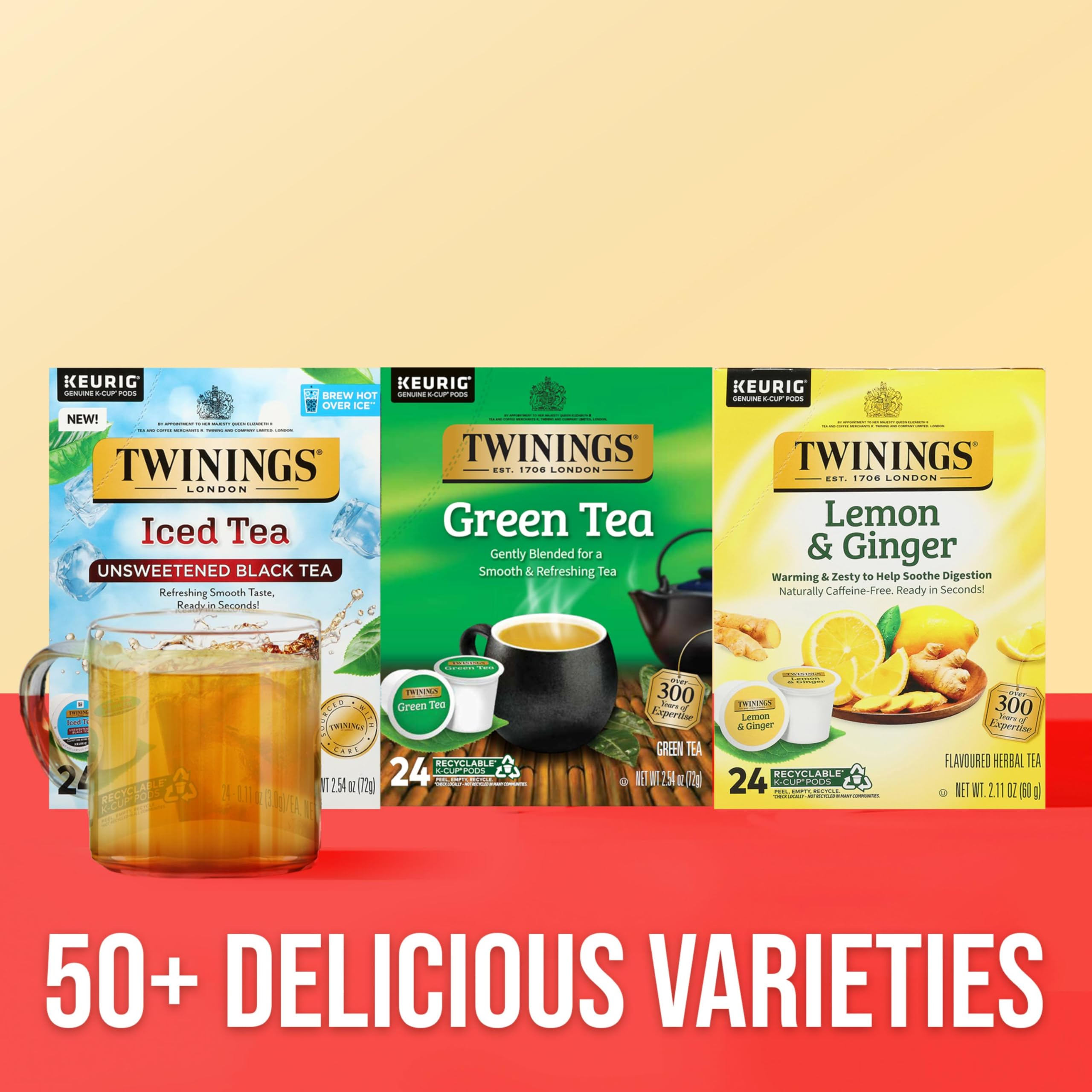 Comparación de tamaño de cápsula Twinings junto a una taza para referencia de escala práctica