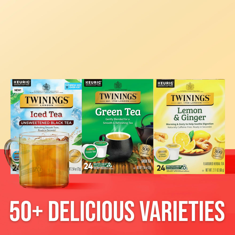 Comparación de tamaño de cápsula Twinings junto a una taza para referencia de escala práctica