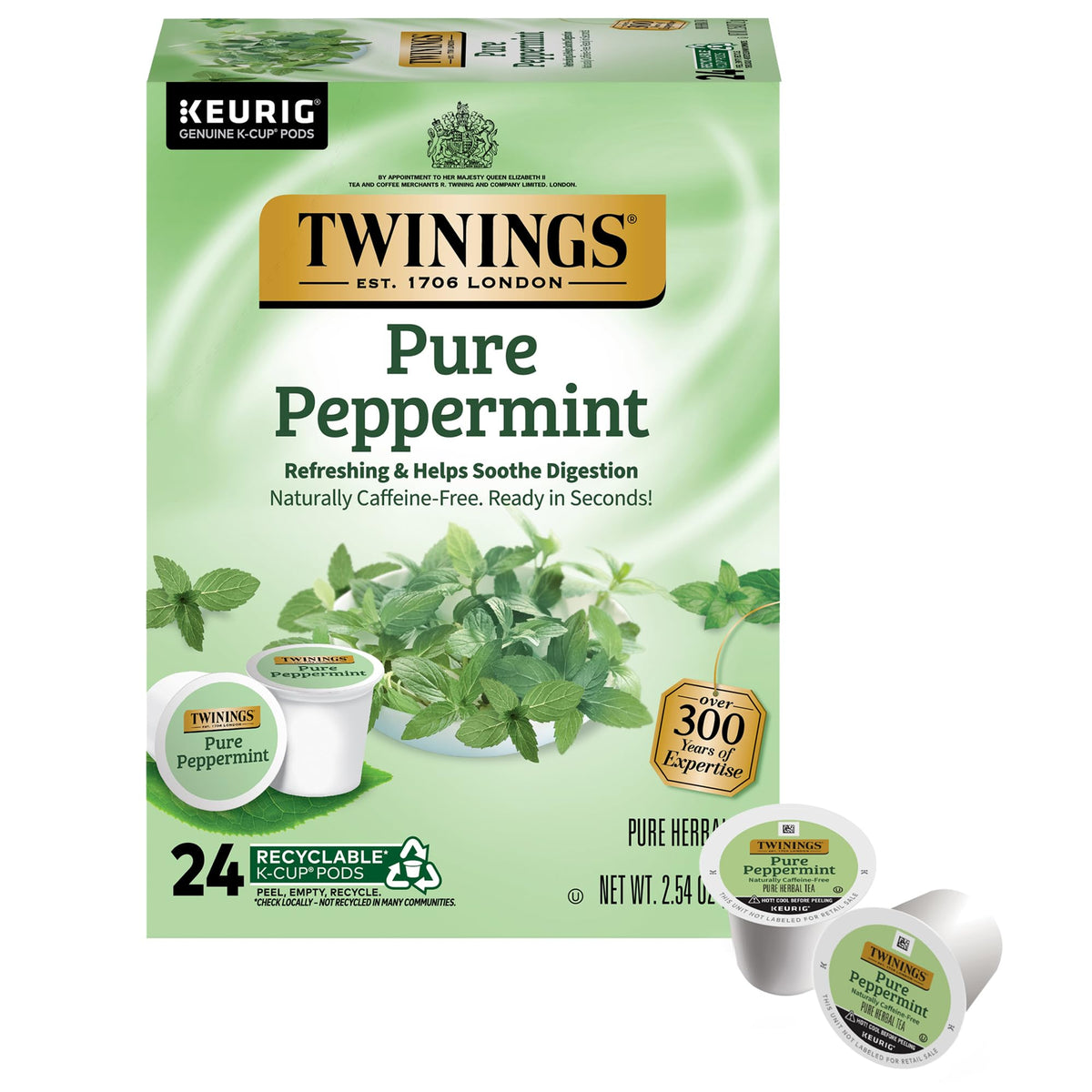 Twinings caja frontal de Pure Peppermint mostrando 24 cápsulas y marca