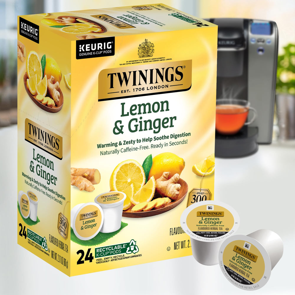 Twinings taza humeante preparada con cápsula K-Cup destacando sabor inmediato