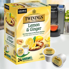 Twinings taza humeante preparada con cápsula K-Cup destacando sabor inmediato