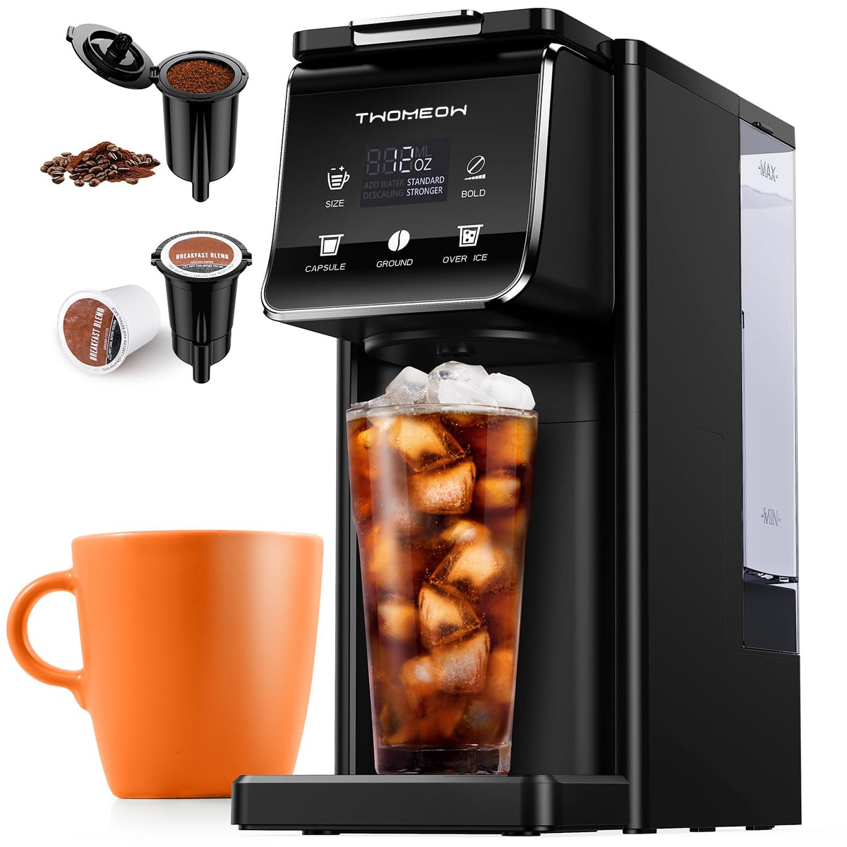 TWOMEOW vista frontal de la cafetera mostrando controles y diseño compacto para ahorro de espacio