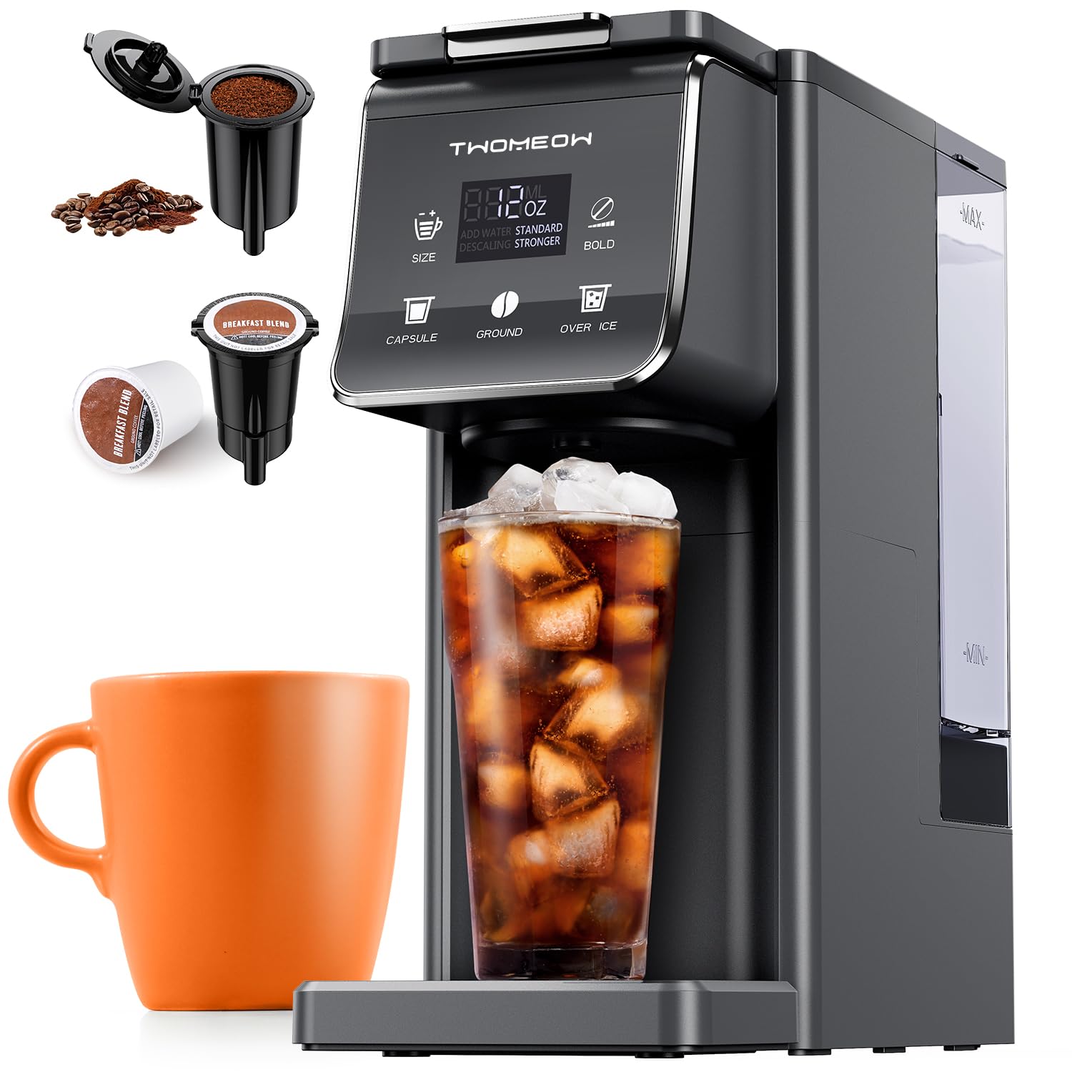 TWOMEOW vista frontal de la cafetera, perfecta para cocinas compactas