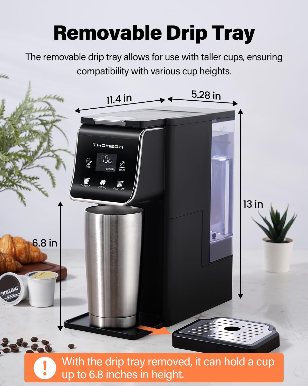 TWOMEOW comparación de tamaño junto a una taza para visualizar la capacidad y escala