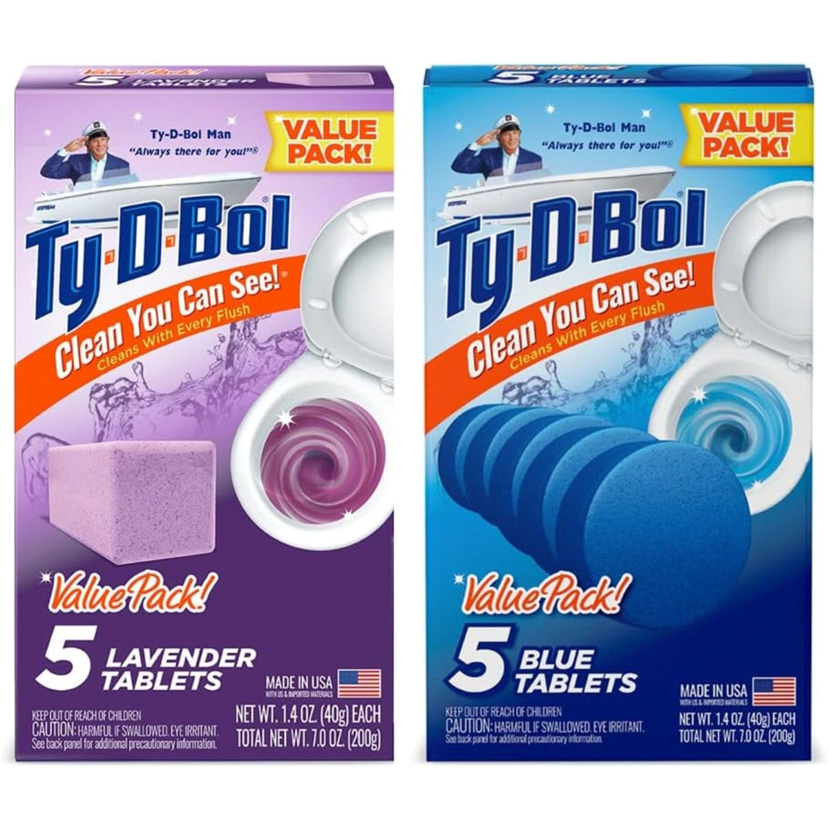 Ty-D-Bol vista frontal del pack de 10 pastillas, limpieza continua