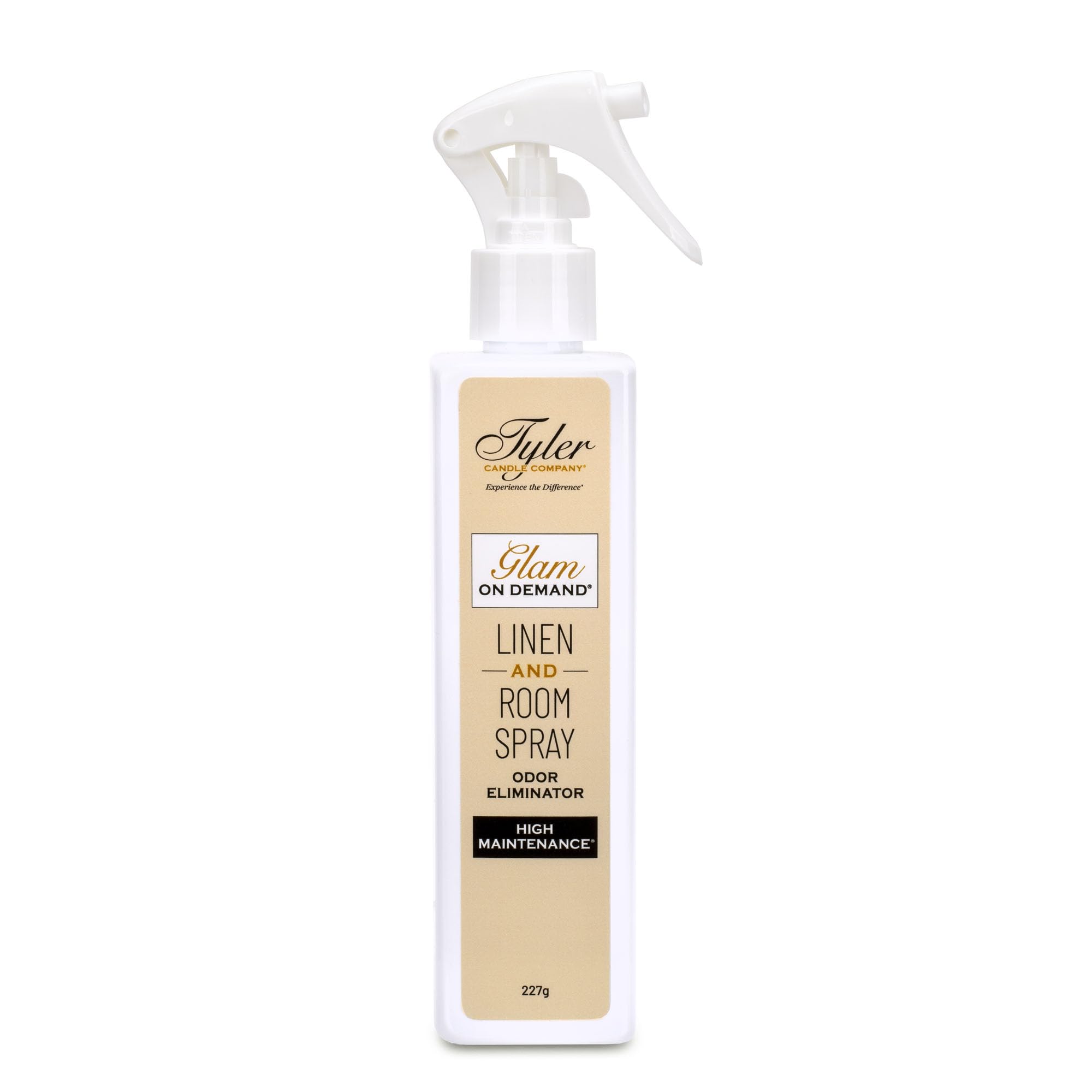 TYLER CANDLE COMPANY spray frontal claro mostrando etiqueta y formato 227g, aspecto elegante