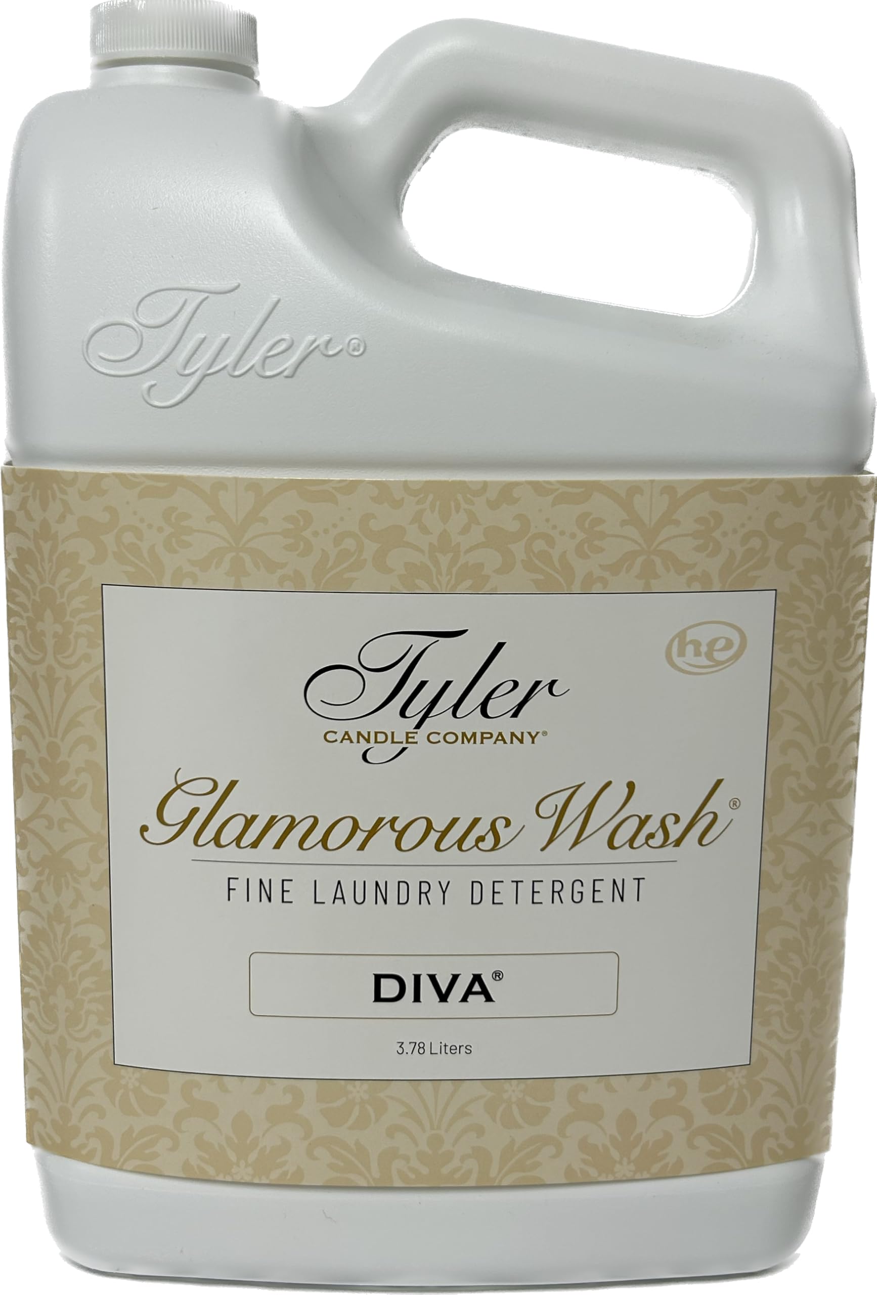 TYLER CANDLE COMPANY envase frontal de Glam Wash Diva mostrando etiqueta y volumen, limpieza confiable