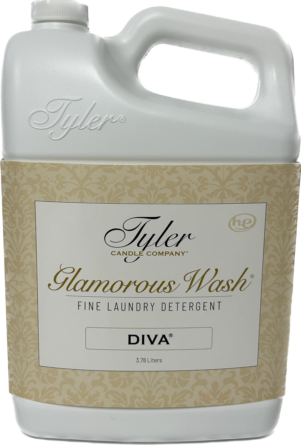 TYLER CANDLE COMPANY envase frontal de Glam Wash Diva mostrando etiqueta y volumen, limpieza confiable