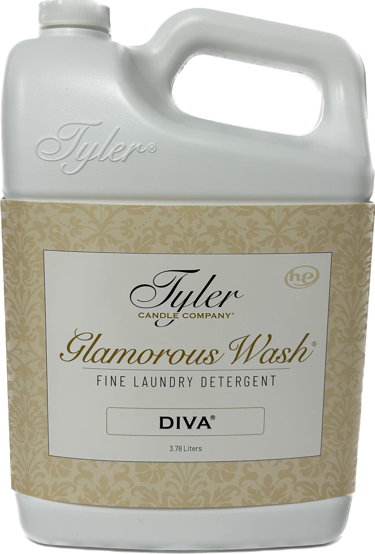 TYLER CANDLE COMPANY envase frontal de Glam Wash Diva mostrando etiqueta y volumen, limpieza confiable
