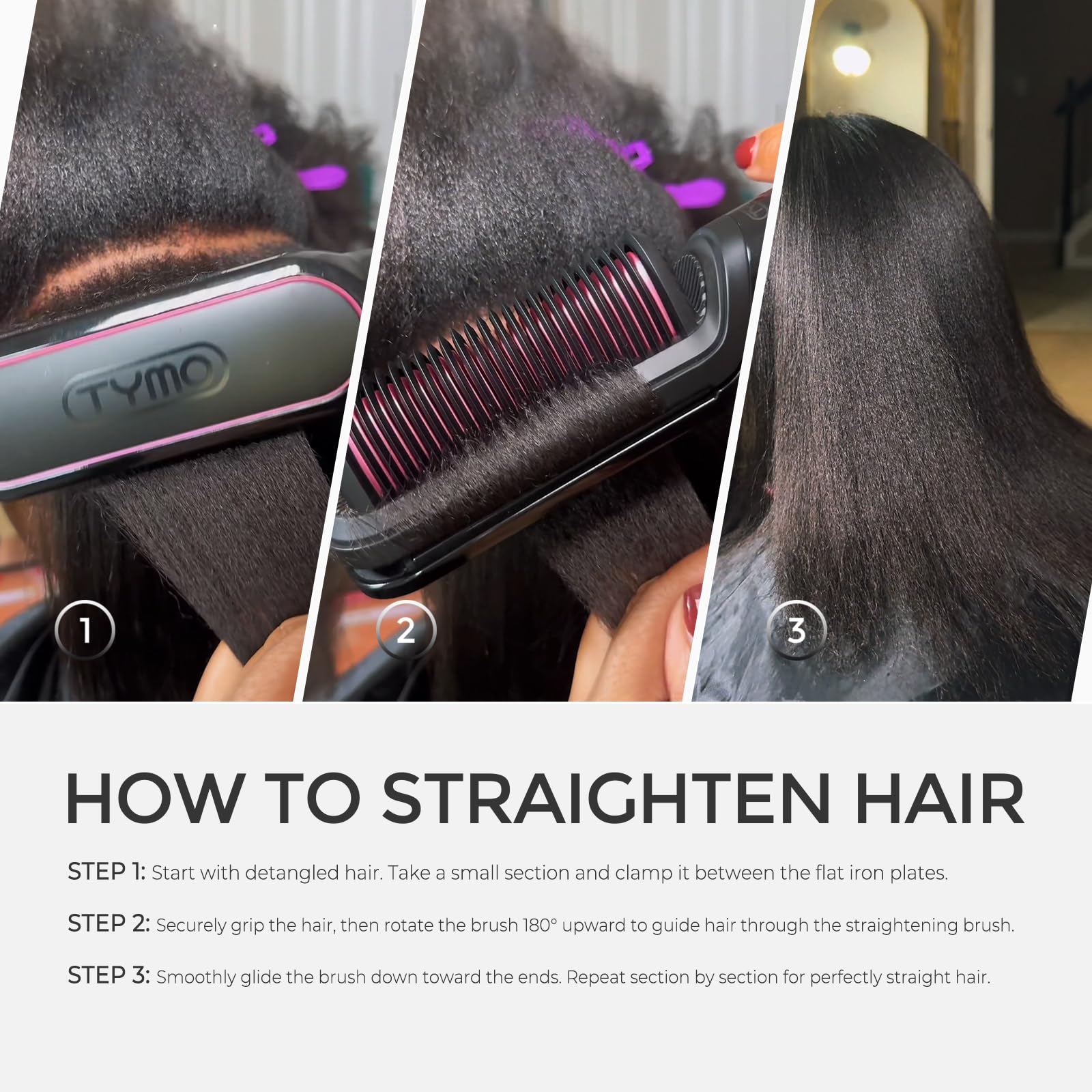Cabello liso y brillante tras usar TYMO FLIPRO mostrando acabado