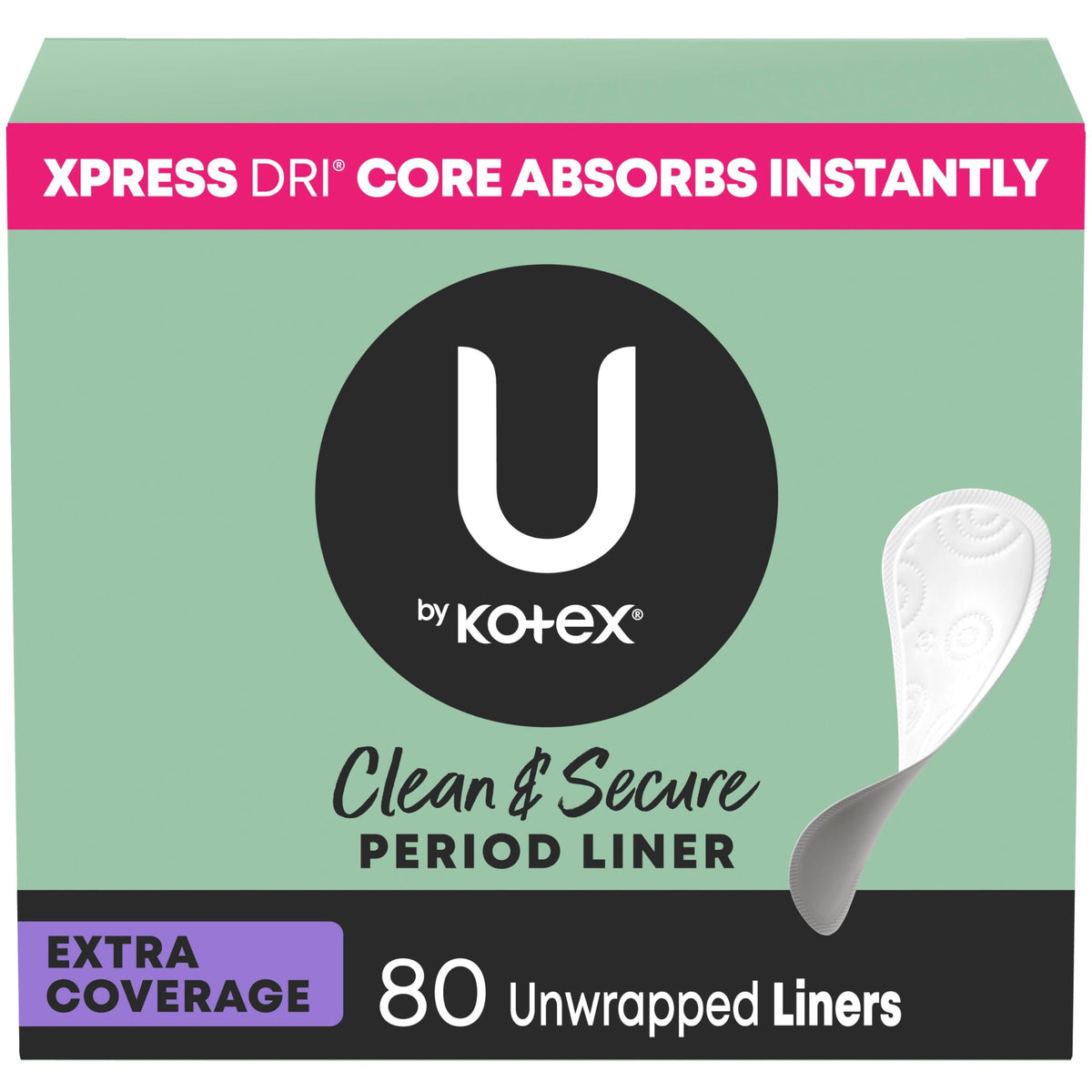 U by Kotex frontal del envase mostrando 80 unidades y diseño práctico
