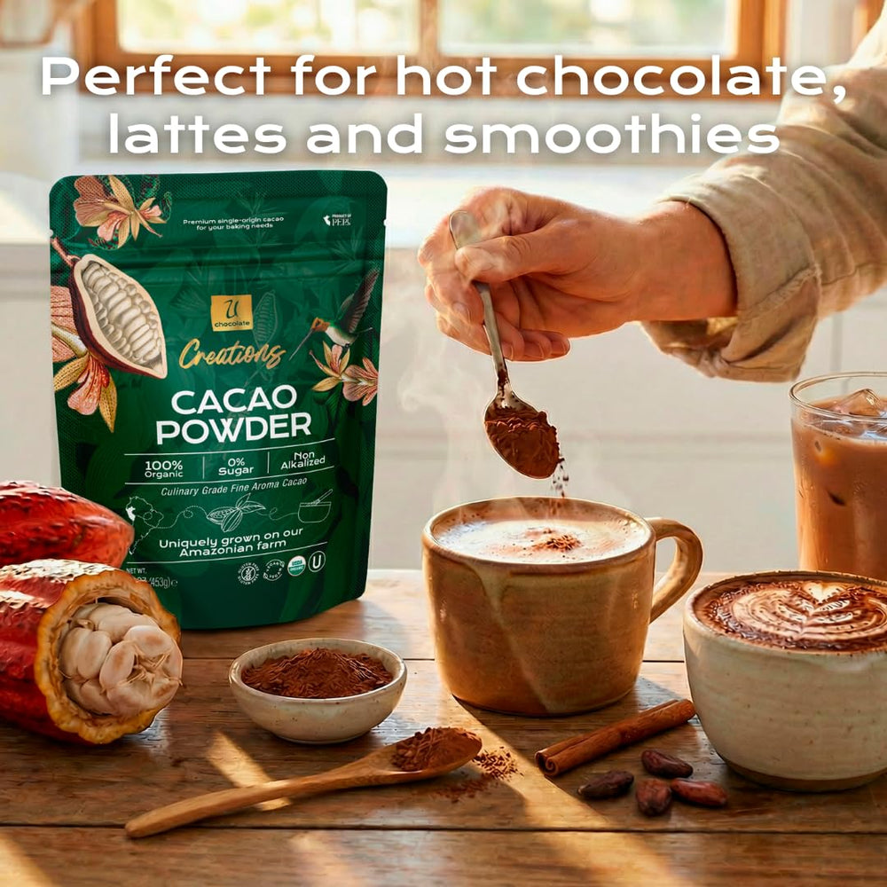 U Chocolate puñado de cacao en polvo en mano, muestra textura y manejo fácil