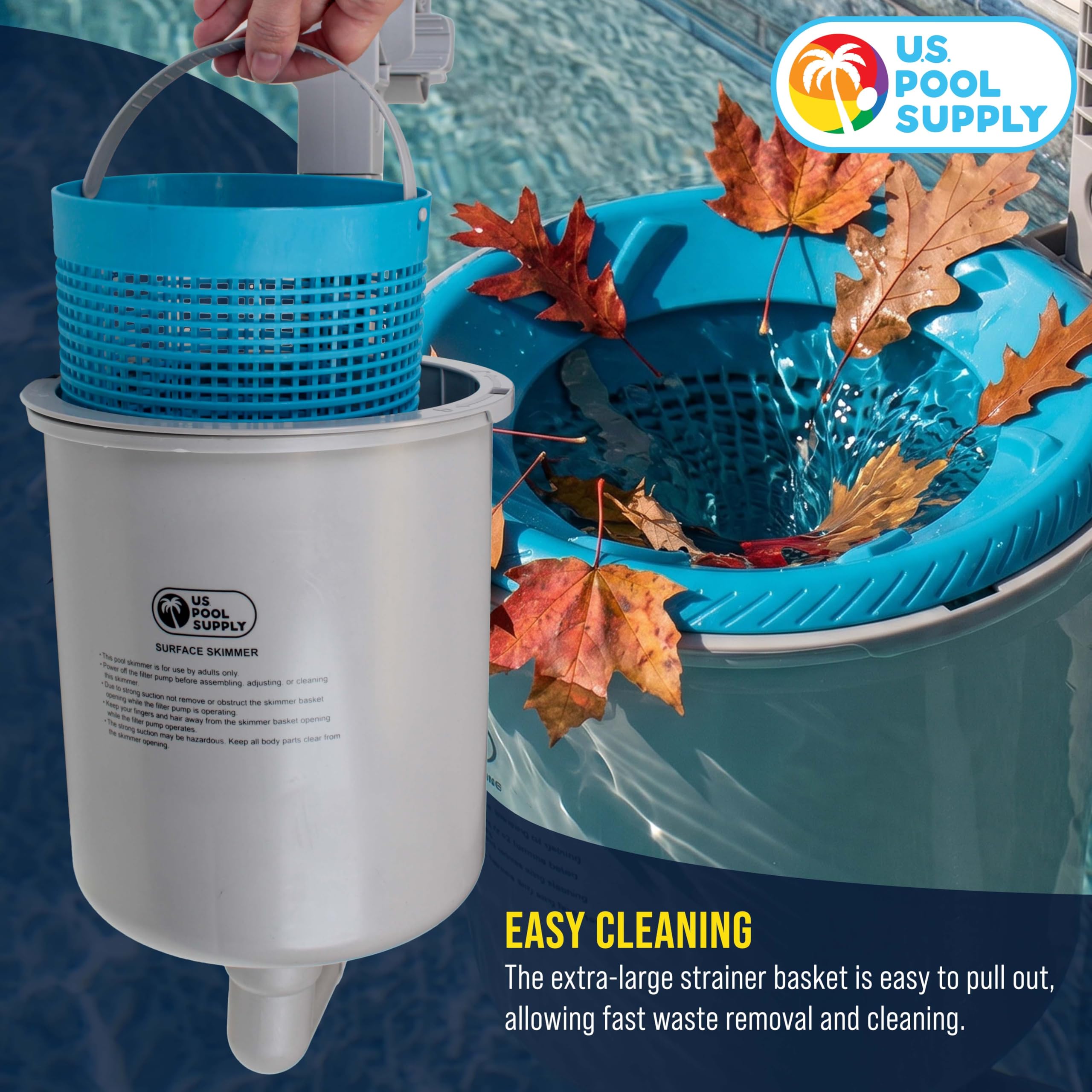 U.S. Pool Supply skimmer instalado recogiendo hojas en piscina elevada