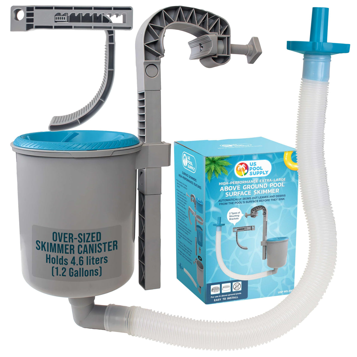 U.S. Pool Supply skimmer frontal mostrando paquete y diseño resistente