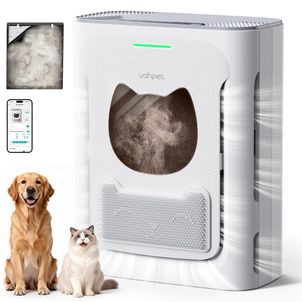 uahpet vista frontal del purificador mostrando diseño compacto y beneficio de ahorro de espacio