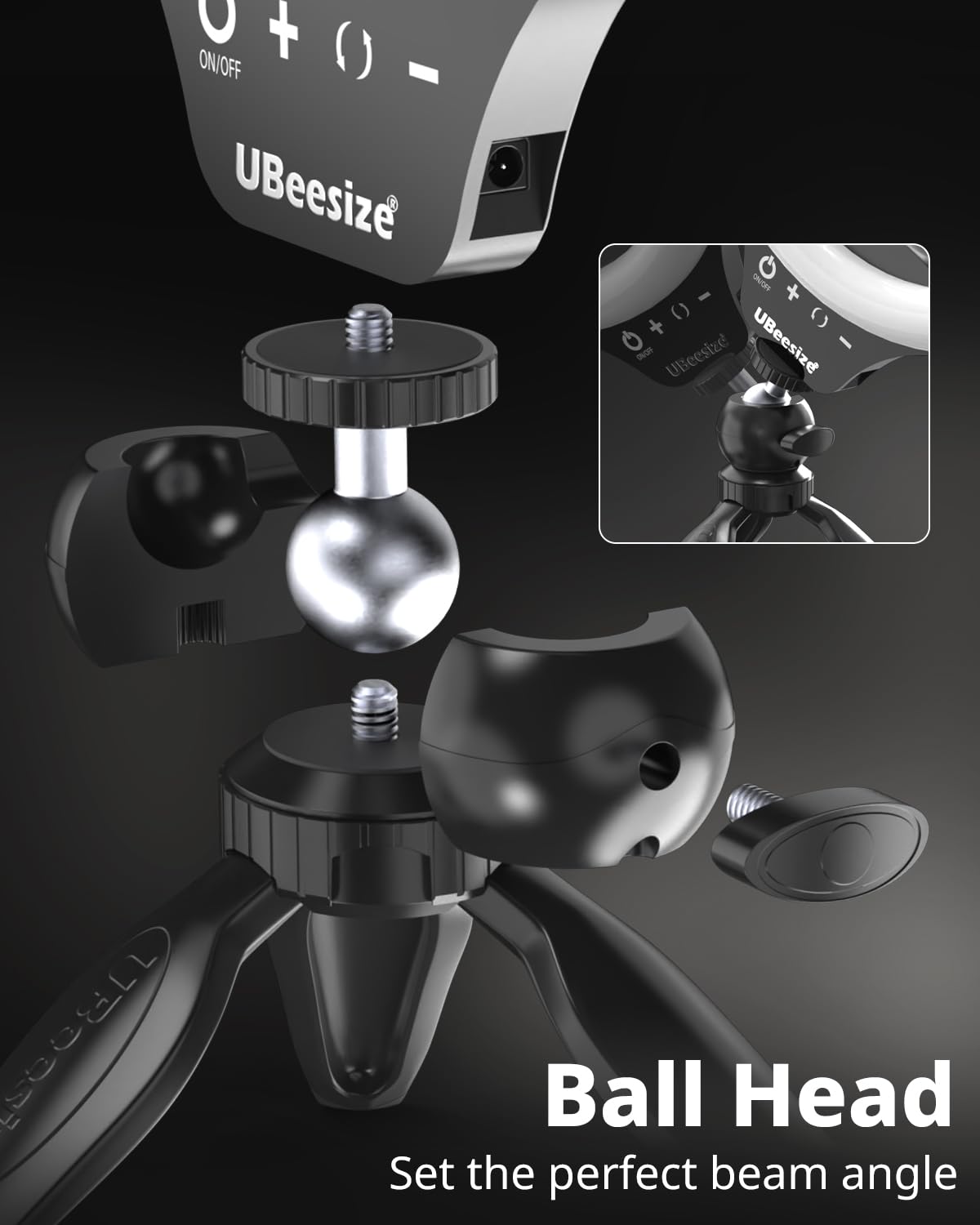 UBeesize close-up of ring light touch panel showing easy brightness control