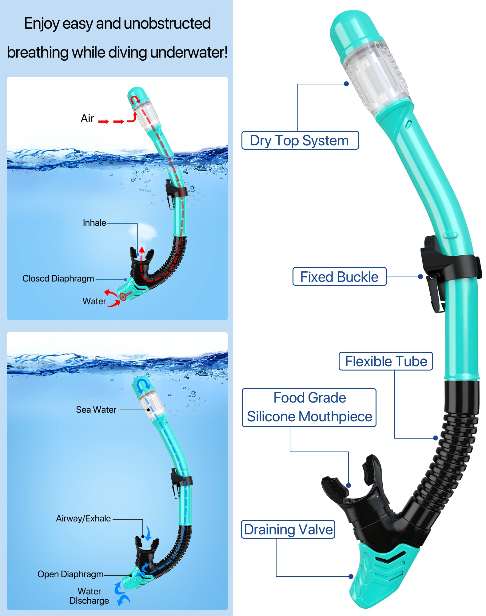Ubekezele snorkel con tapa seca que impide entrada de agua