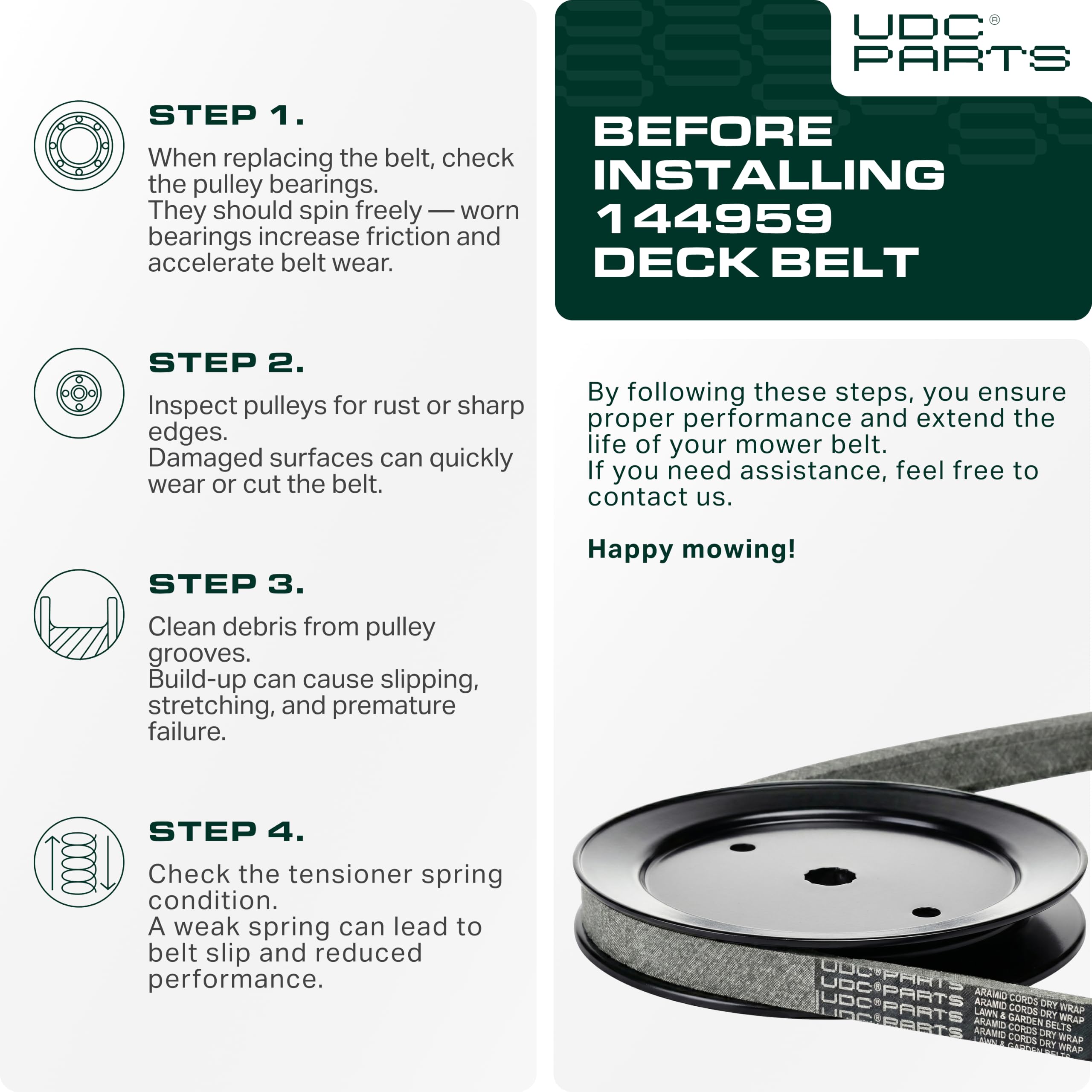 UDC Parts correa 144959 instalada en cubierta de 42" demostrando compatibilidad
