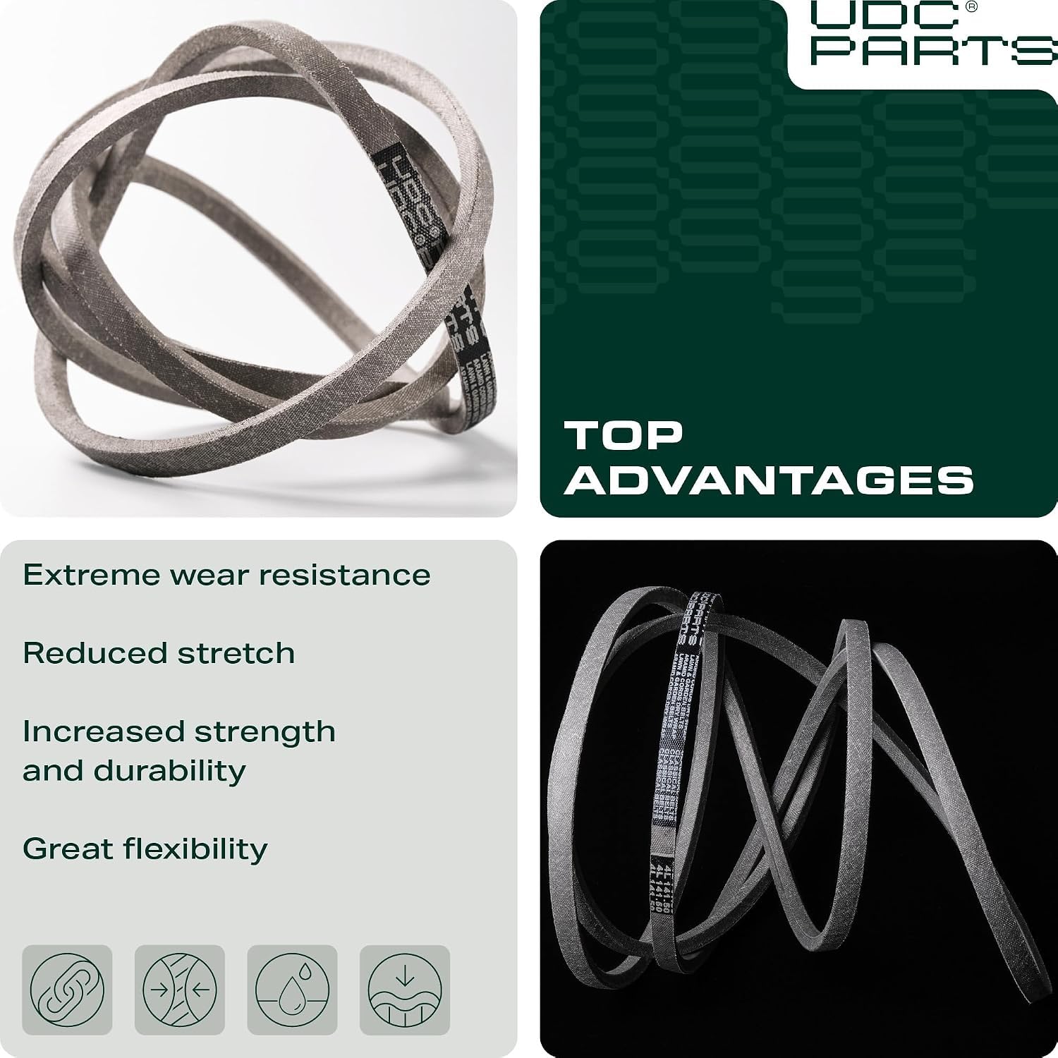 UDC Mower Belts empaque con referencias OEM, identificación clara