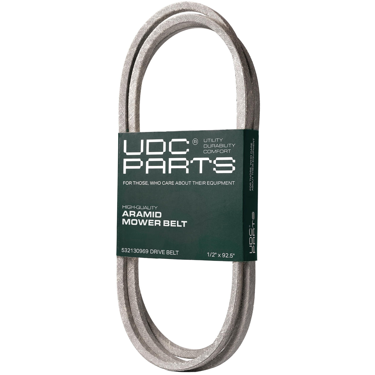 UDC Mower Belts front packaging showing product name and fit information for quick identification