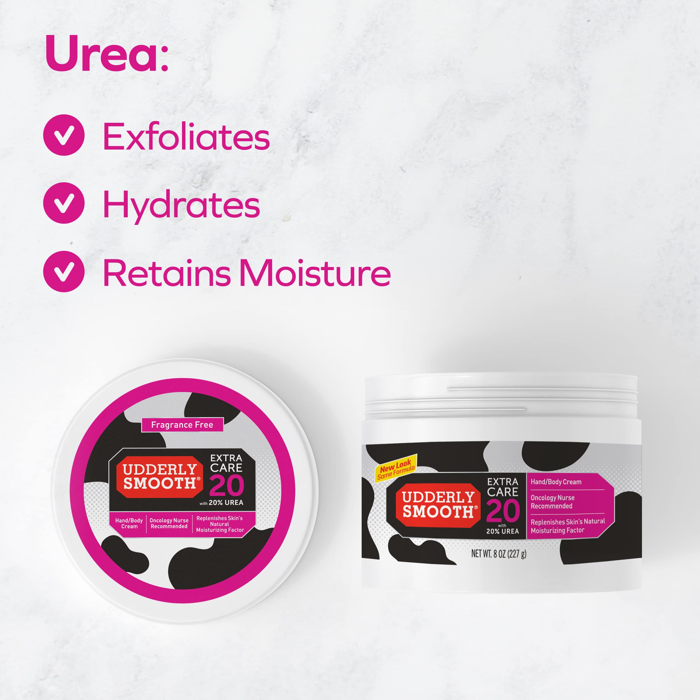 Udderly Smooth envase junto a objeto de referencia para comparar tamaño