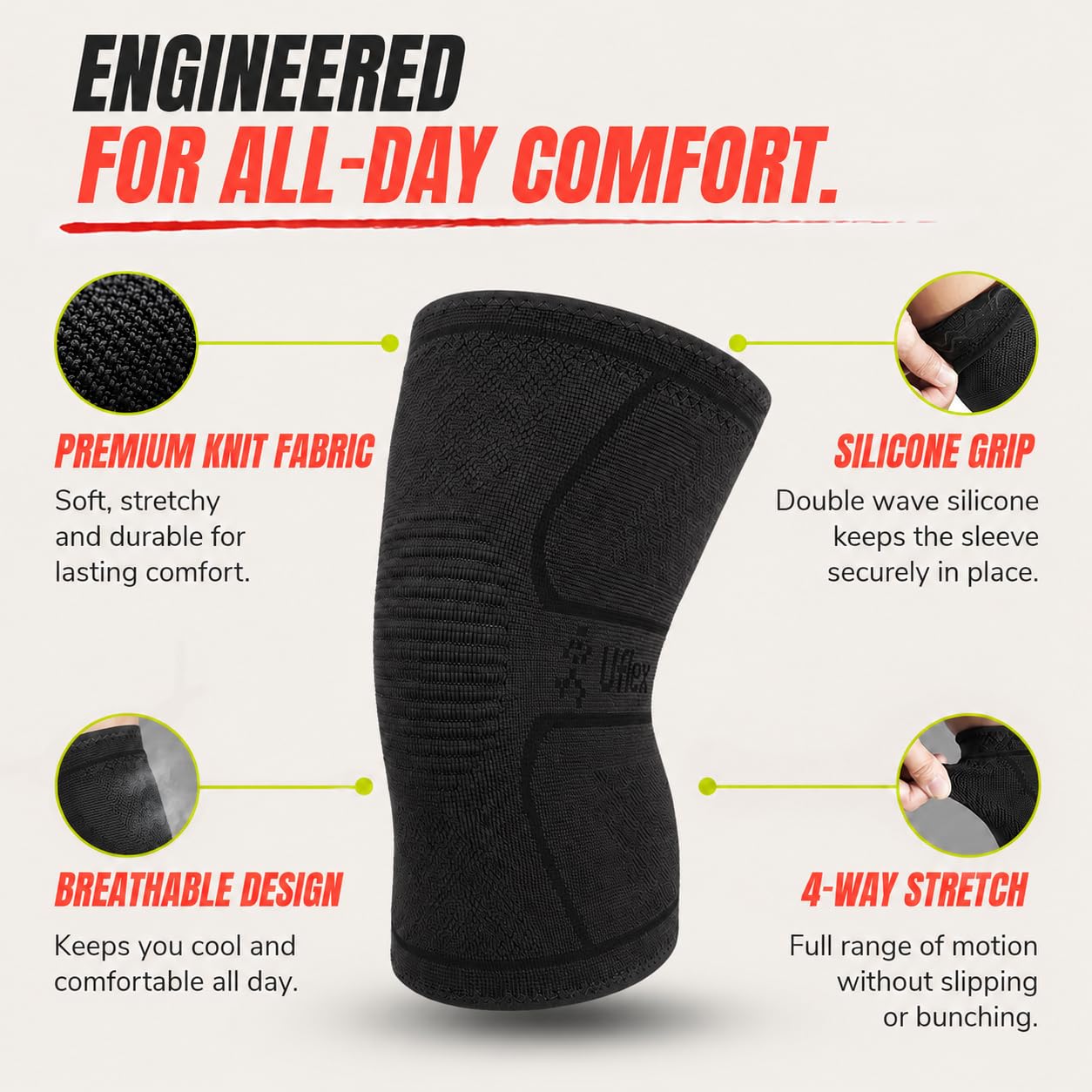 UFlex Athletics rodillera junto a cinta métrica para comparar talla y ajuste