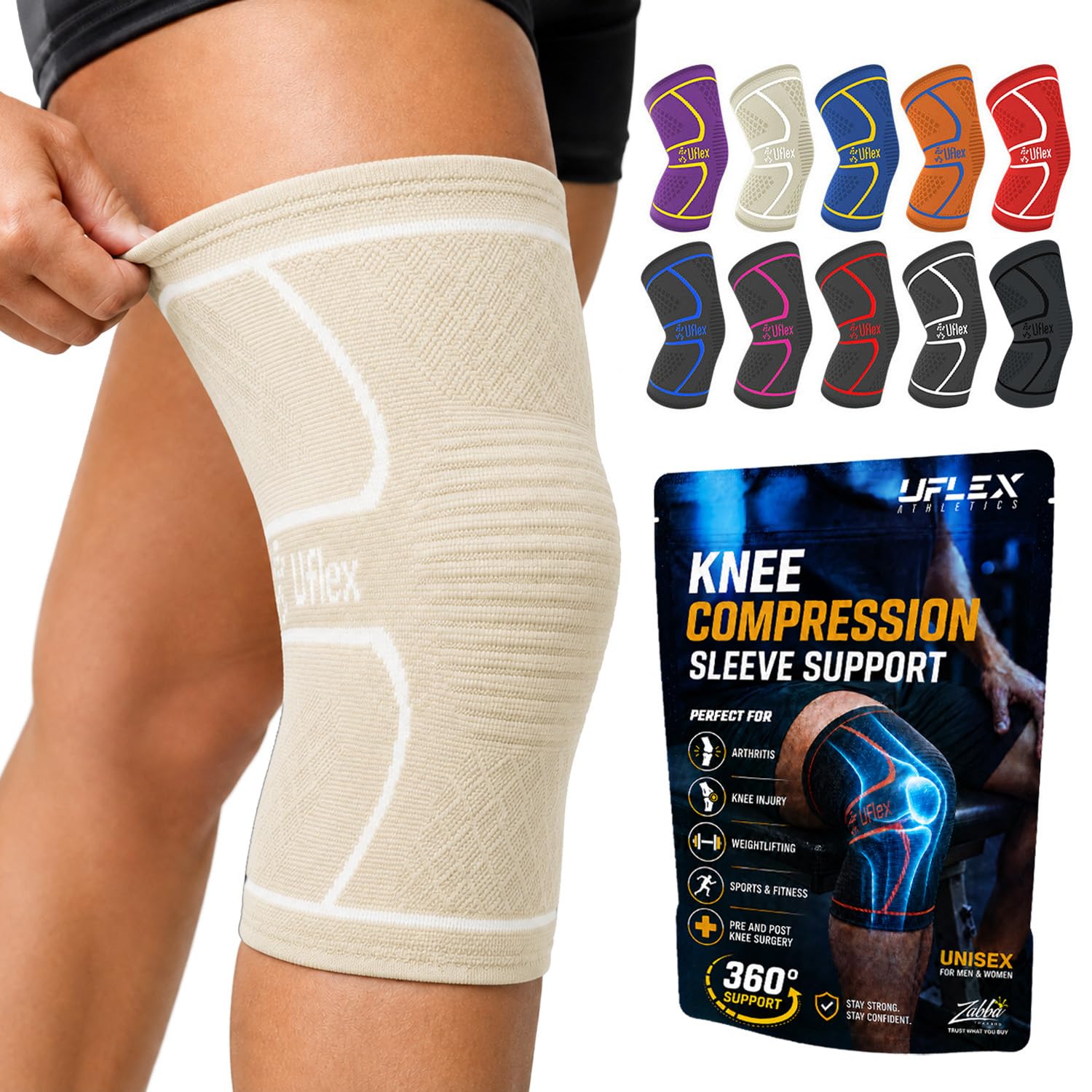 UFlex Athletics vista frontal de la rodillera beige para soporte estable