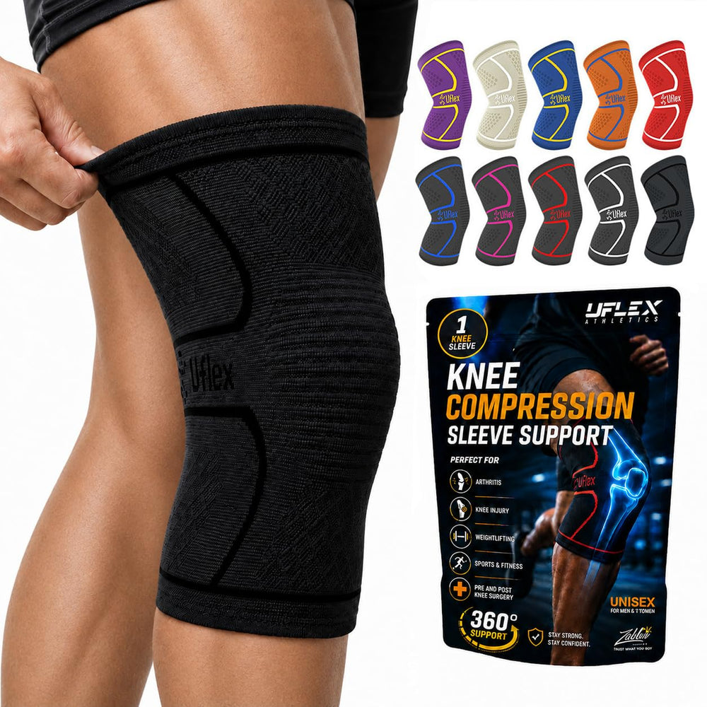 UFlex Athletics vista frontal del soporte de rodilla con ajuste ceñido y soporte