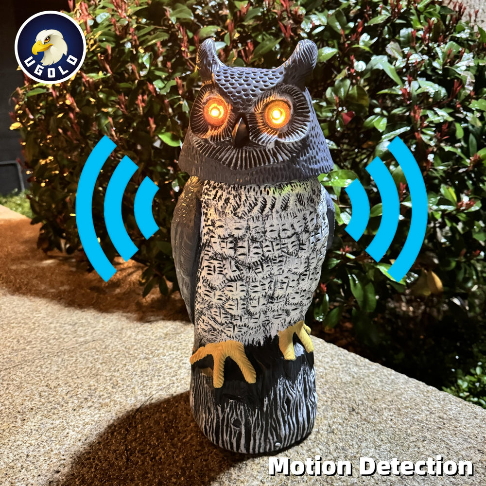 Ugold owl placed in garden showing outdoor decor and weatherproofing