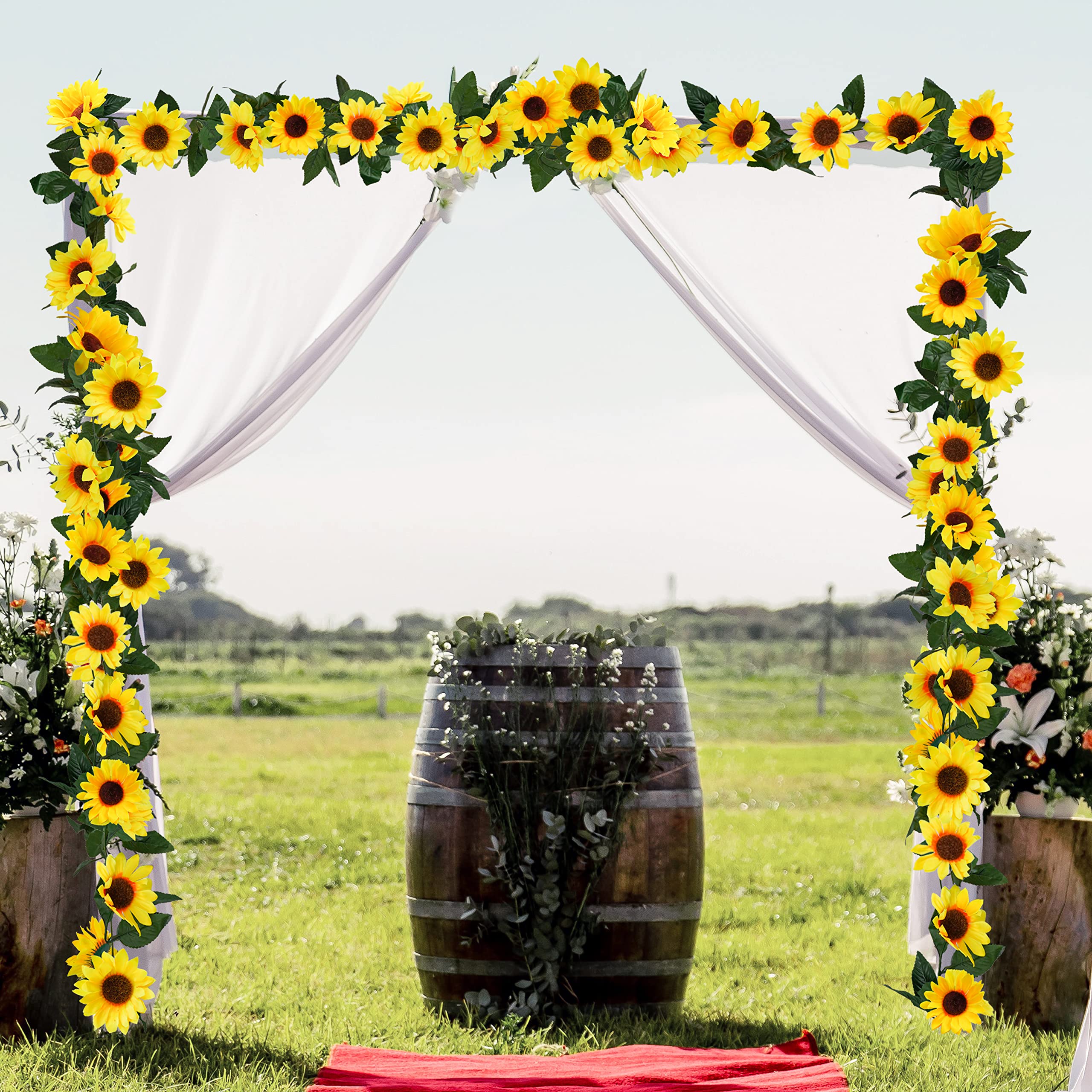 Uieke guirnalda colgada en arco creando fondo fotográfico festivo