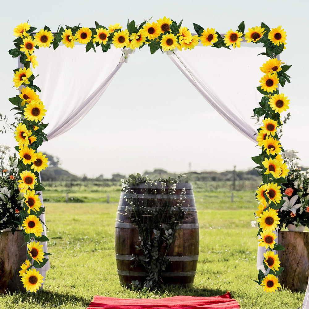 Uieke guirnalda colgada en arco creando fondo fotográfico festivo