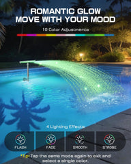 UIRWAY fuente en uso en piscina de noche con colores, crea ambiente festivo y seguro