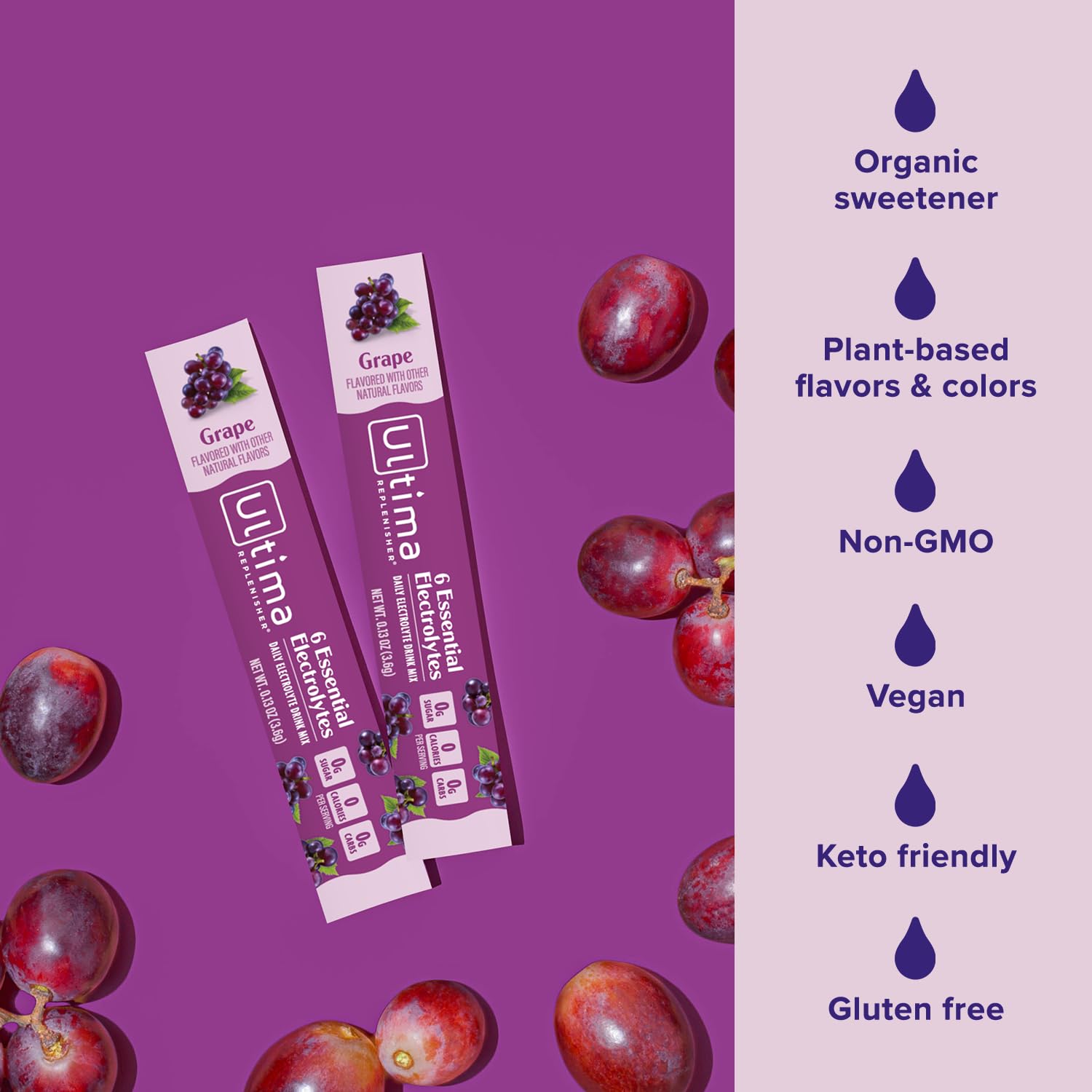 Ultima Replenisher grape stickpack dissolving in water for quick hydration