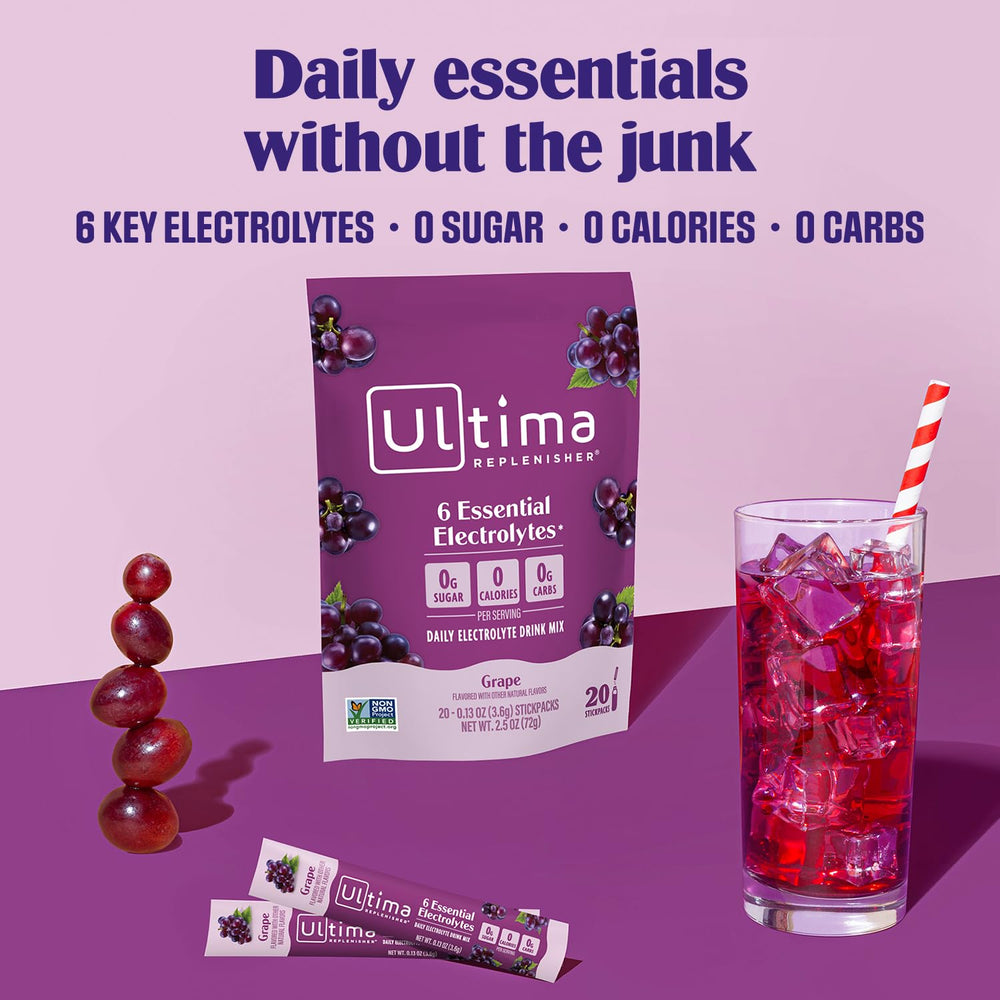 Ultima Replenisher single grape stickpack close-up ready for travel convenience