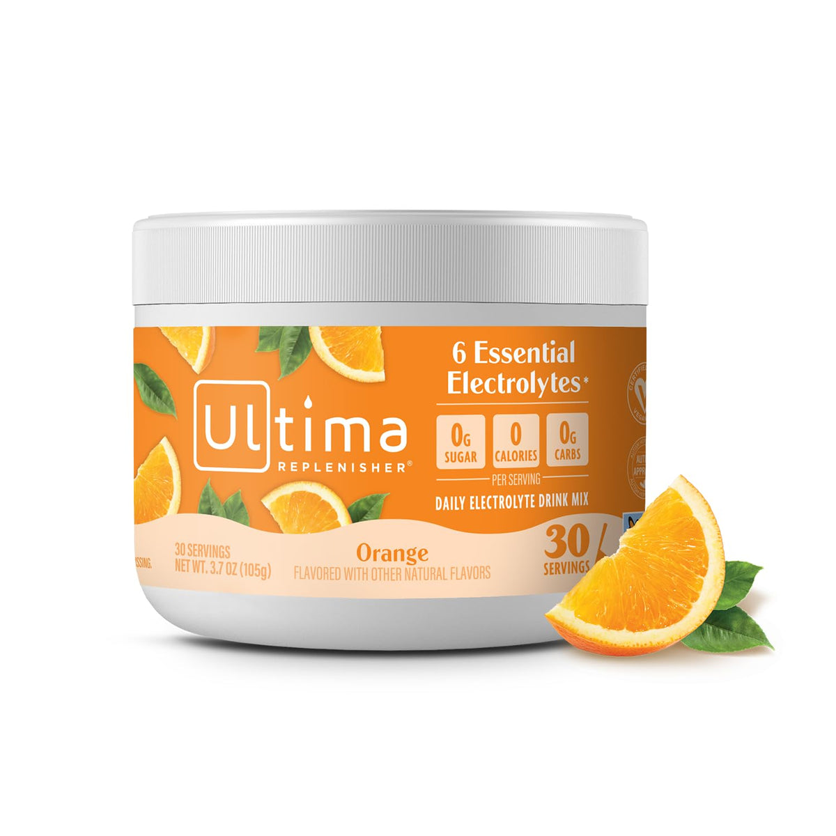 Ultima Replenisher canister front view showing orange flavor and servings benefit